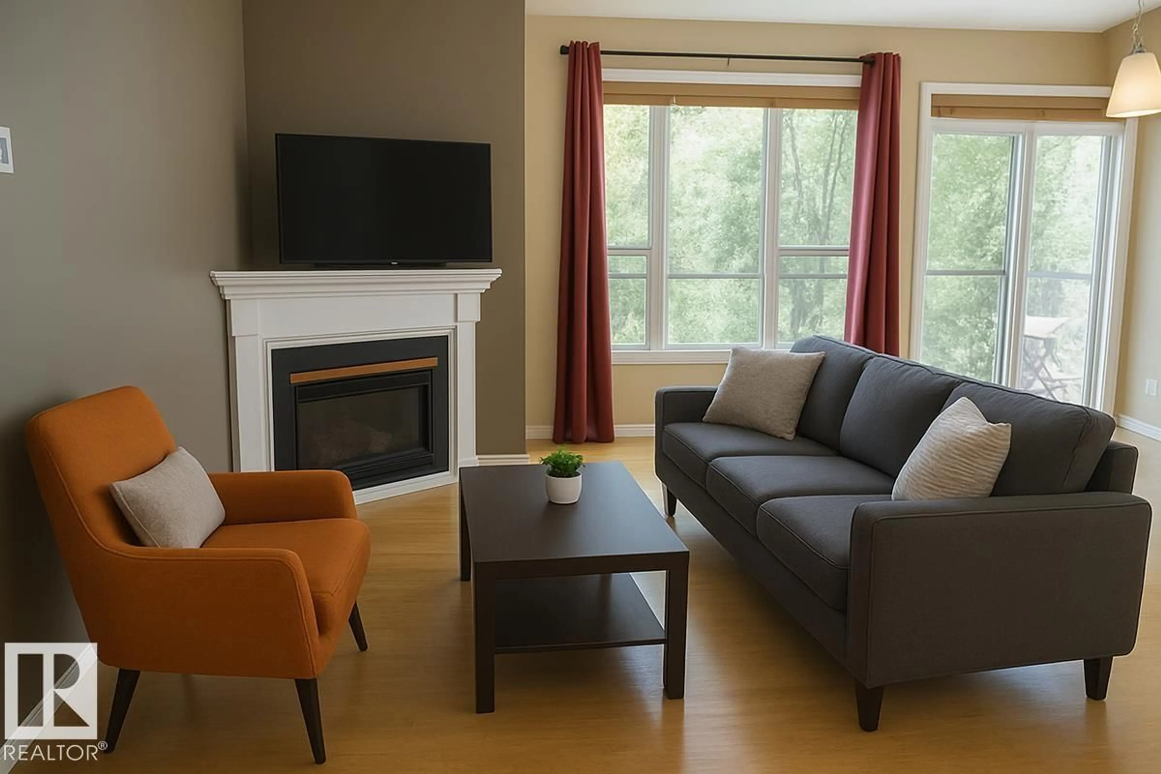 Living room with furniture, wood/laminate floor for 434 10023 110 ST NW, Edmonton Alberta T5K1J5