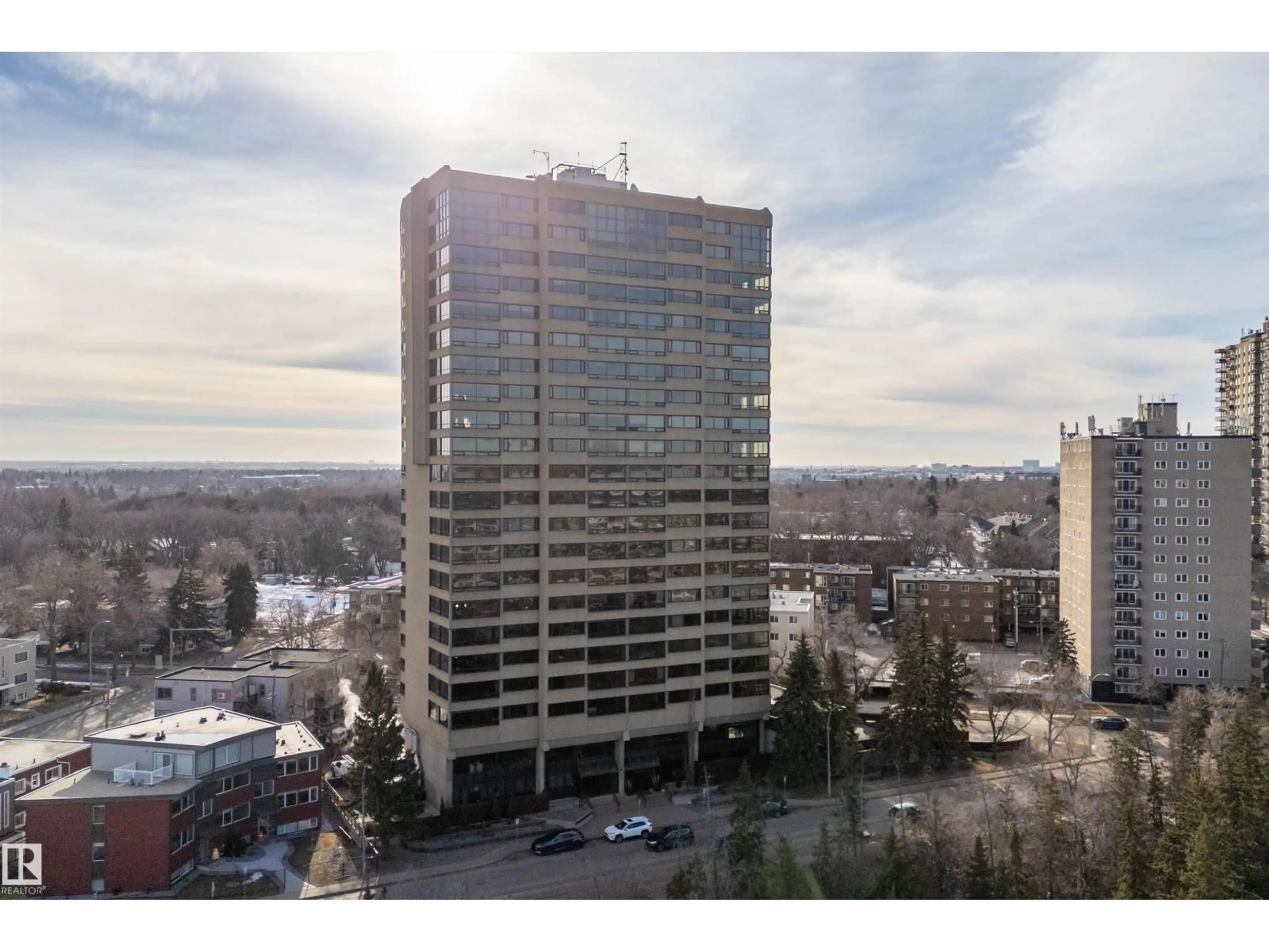 A pic from outside/outdoor area/front of a property/back of a property/a pic from drone, building for #203 - 9929 SASKATCHEWAN DR, Edmonton Alberta T6E5J9