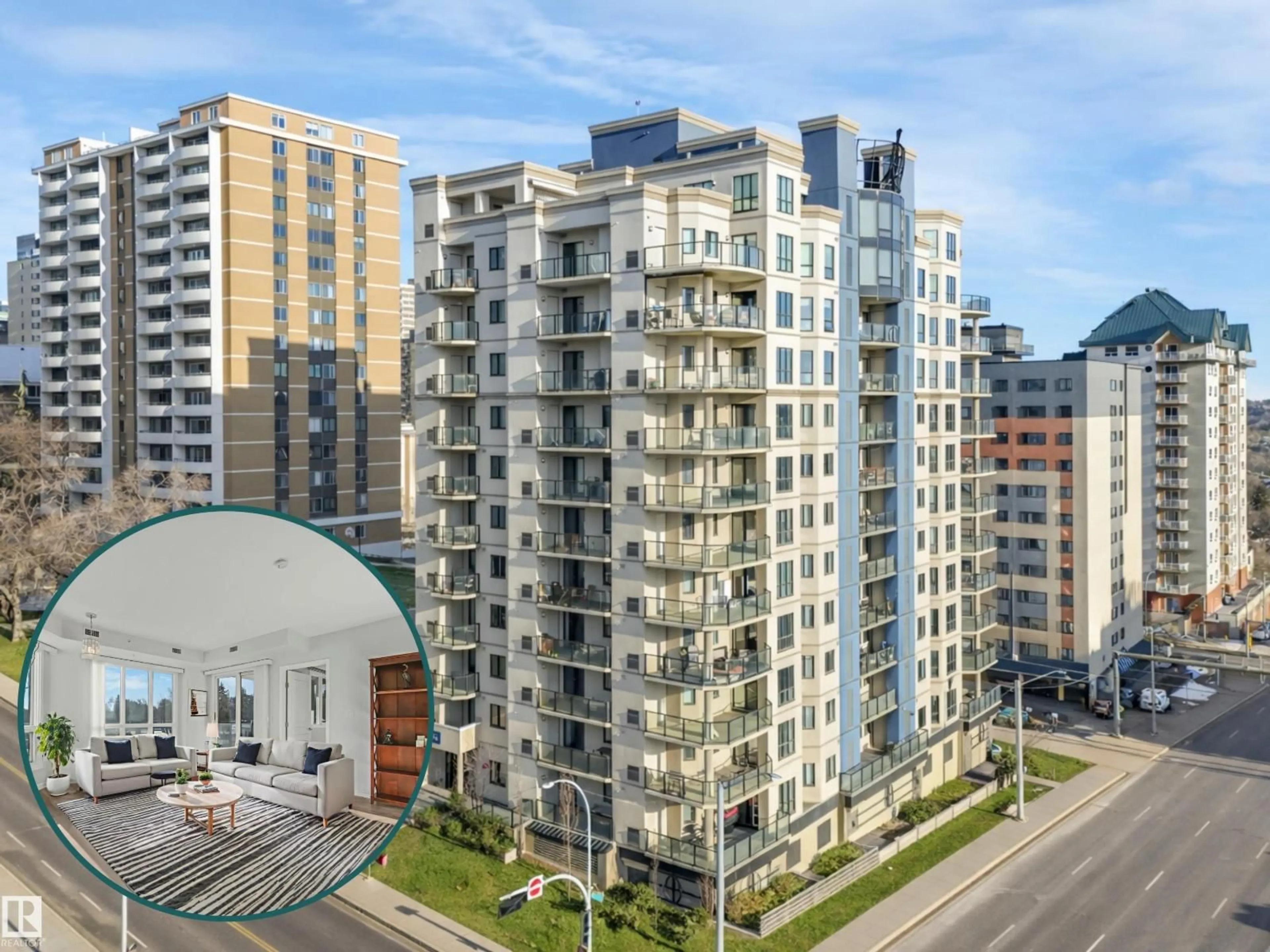 A pic from outside/outdoor area/front of a property/back of a property/a pic from drone, city buildings view from balcony for 202 - 9707 106 ST NW, Edmonton Alberta T5K0B7