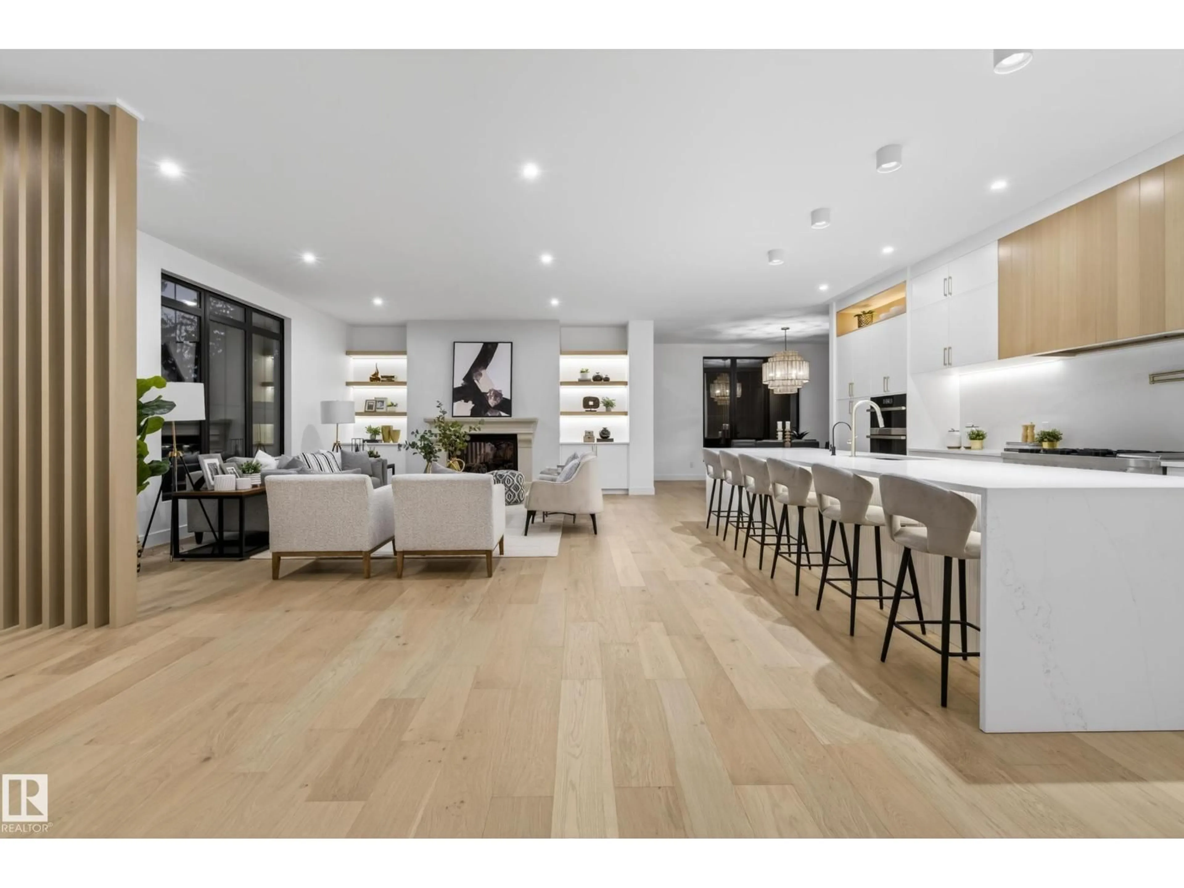 Open concept kitchen, wood/laminate floor for 14320 MACKENZIE DR, Edmonton Alberta T5R5V7