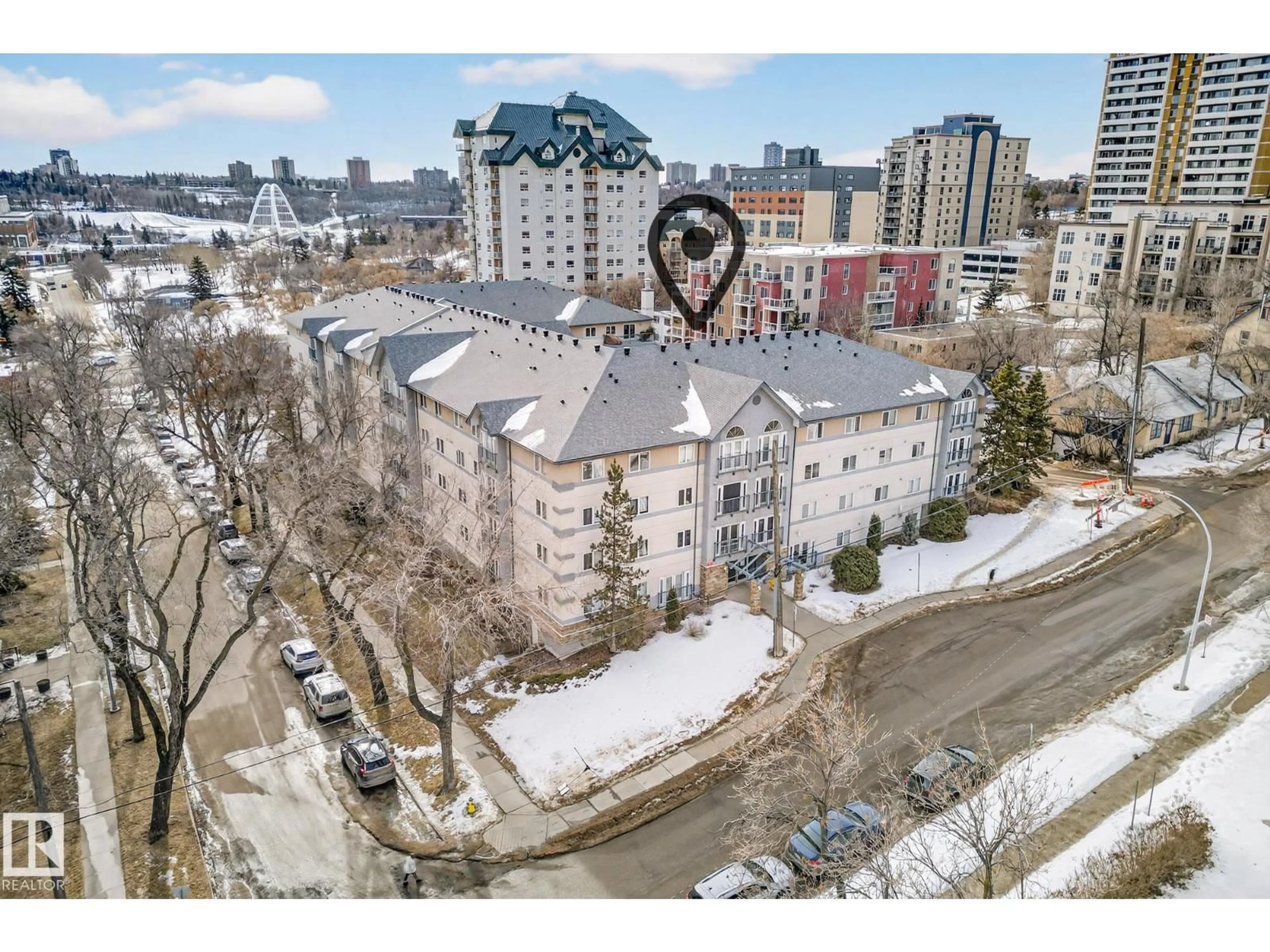 A pic from outside/outdoor area/front of a property/back of a property/a pic from drone, city buildings view from balcony for #108 - 10403 98 AV, Edmonton Alberta T5K2Y5