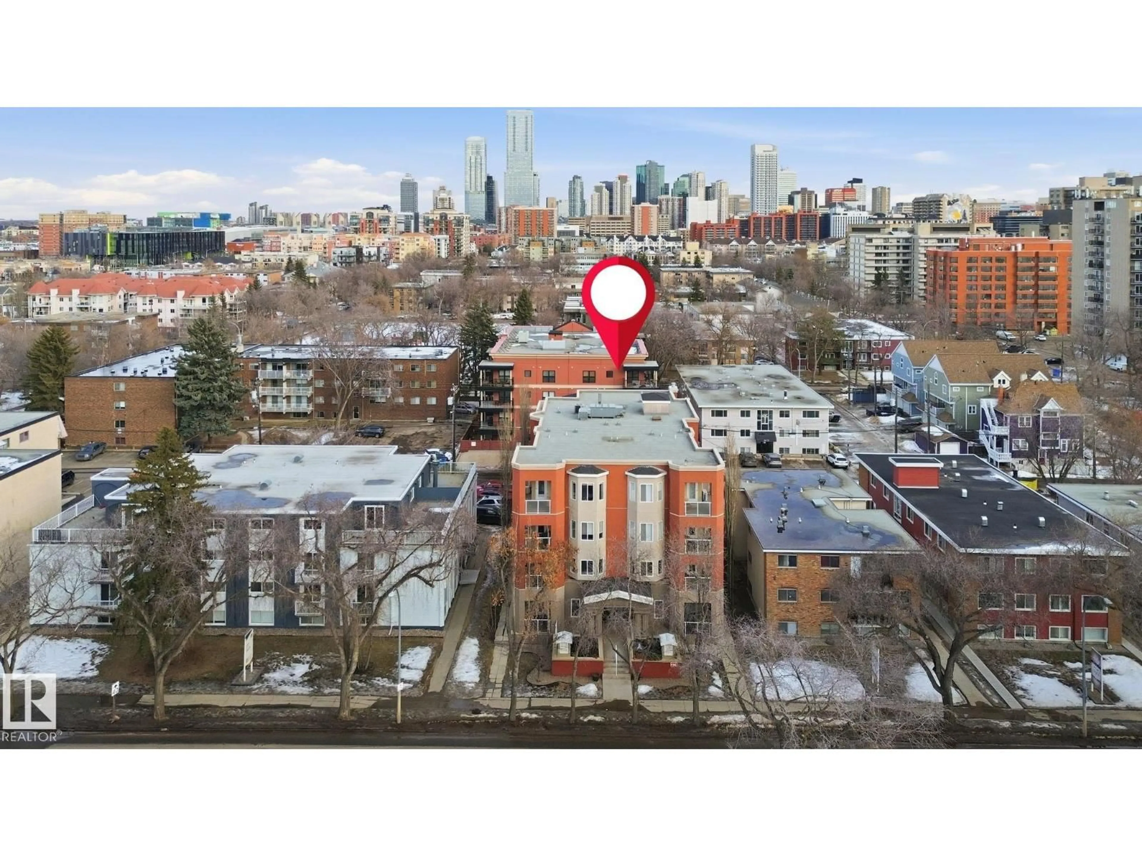 A pic from outside/outdoor area/front of a property/back of a property/a pic from drone, city buildings view from balcony for #201 - 10235 116 ST, Edmonton Alberta T5K1W3