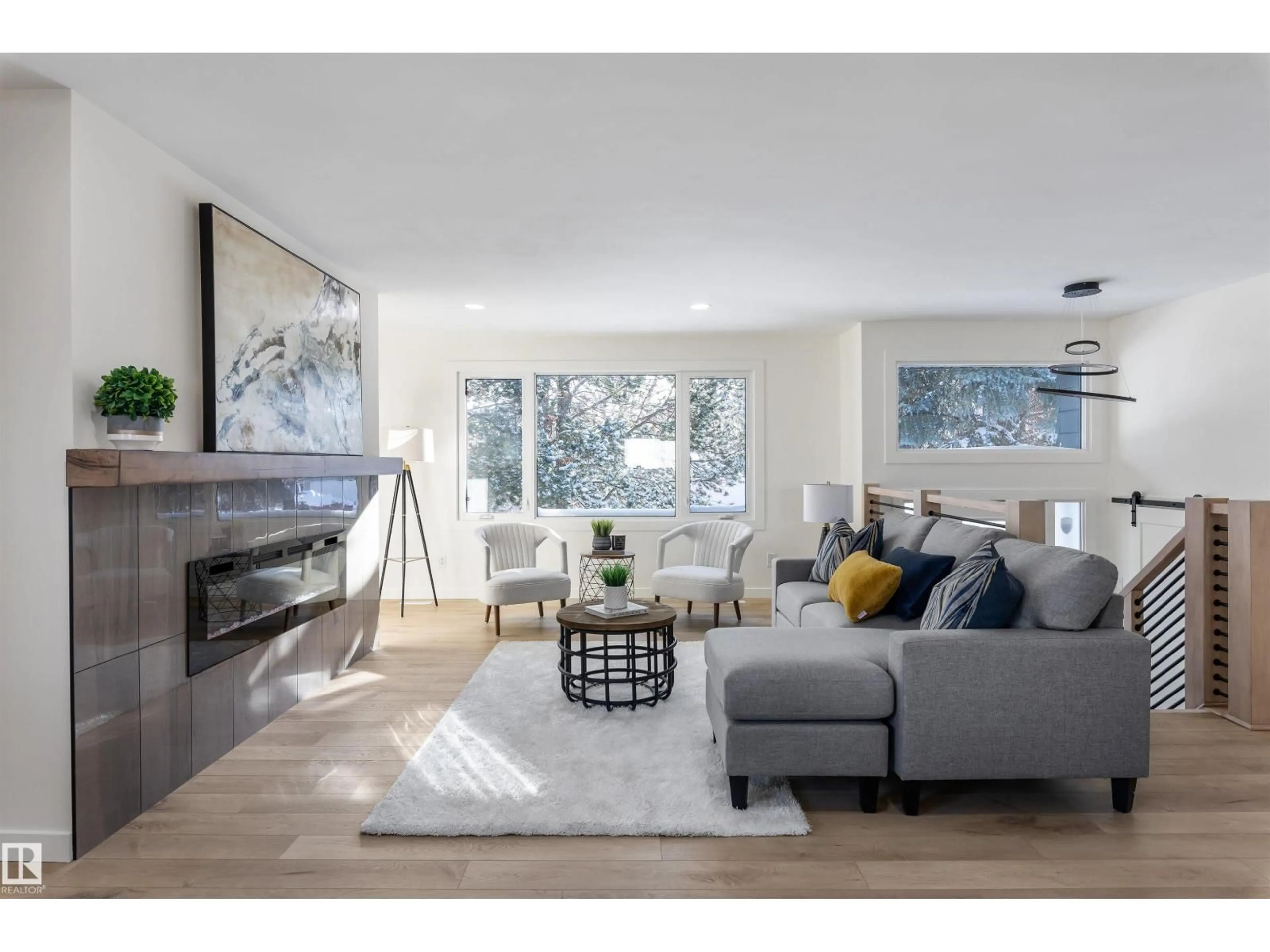 Living room with furniture, wood/laminate floor for 29 ANITA CR, St. Albert Alberta T8N2W4