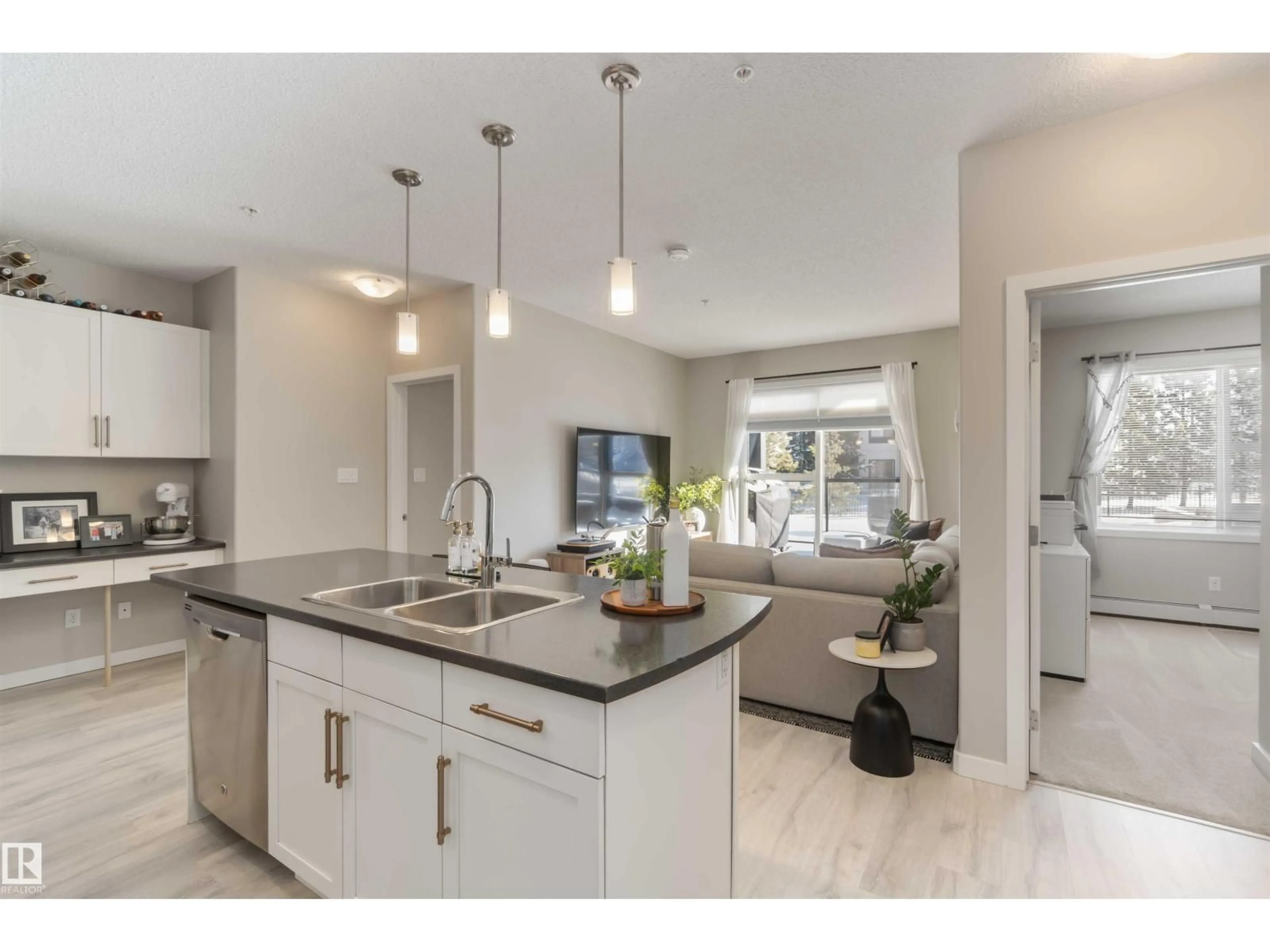 Open concept kitchen, ceramic/tile floor for #103 - 320 AMBLESIDE LINK, Edmonton Alberta T6W2Z9