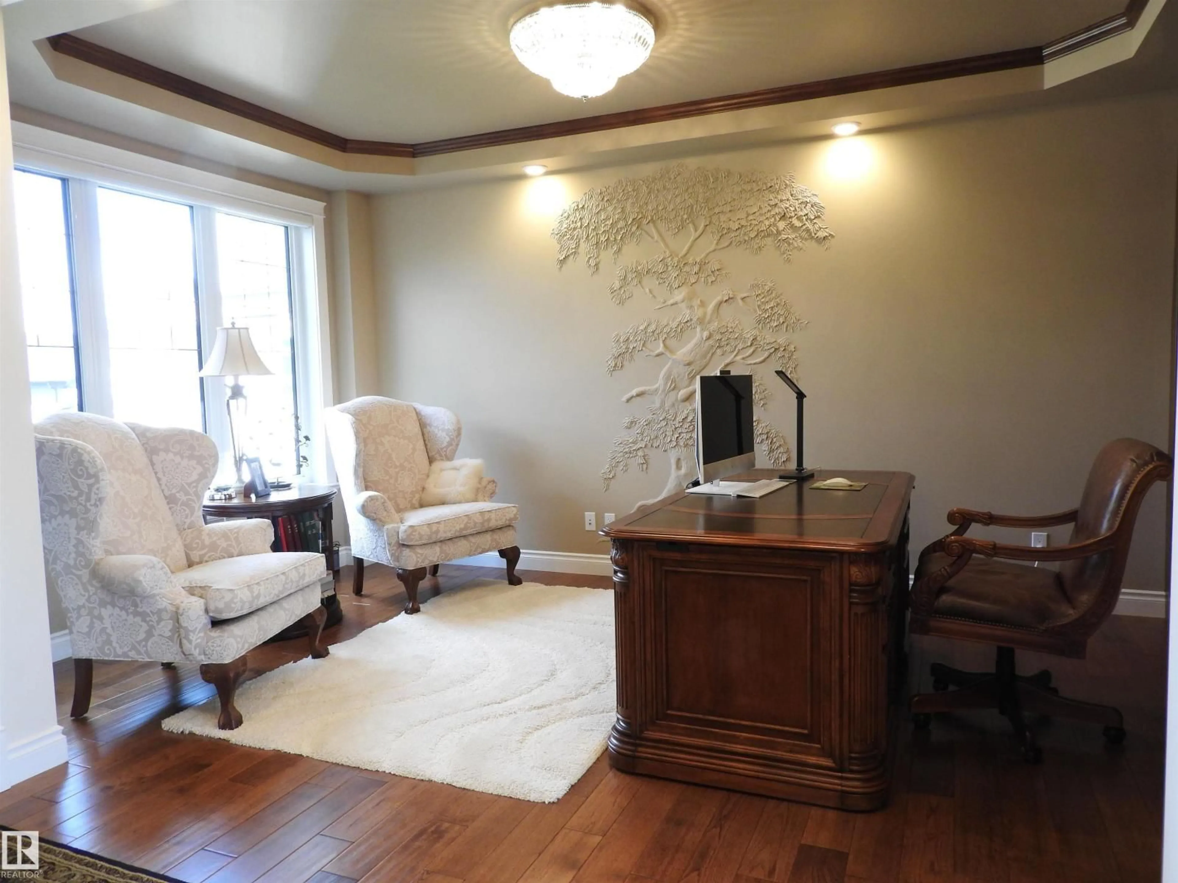 Living room with furniture, wood/laminate floor for 1111 HAINSTOCK GREEN, Edmonton Alberta T6W2T8