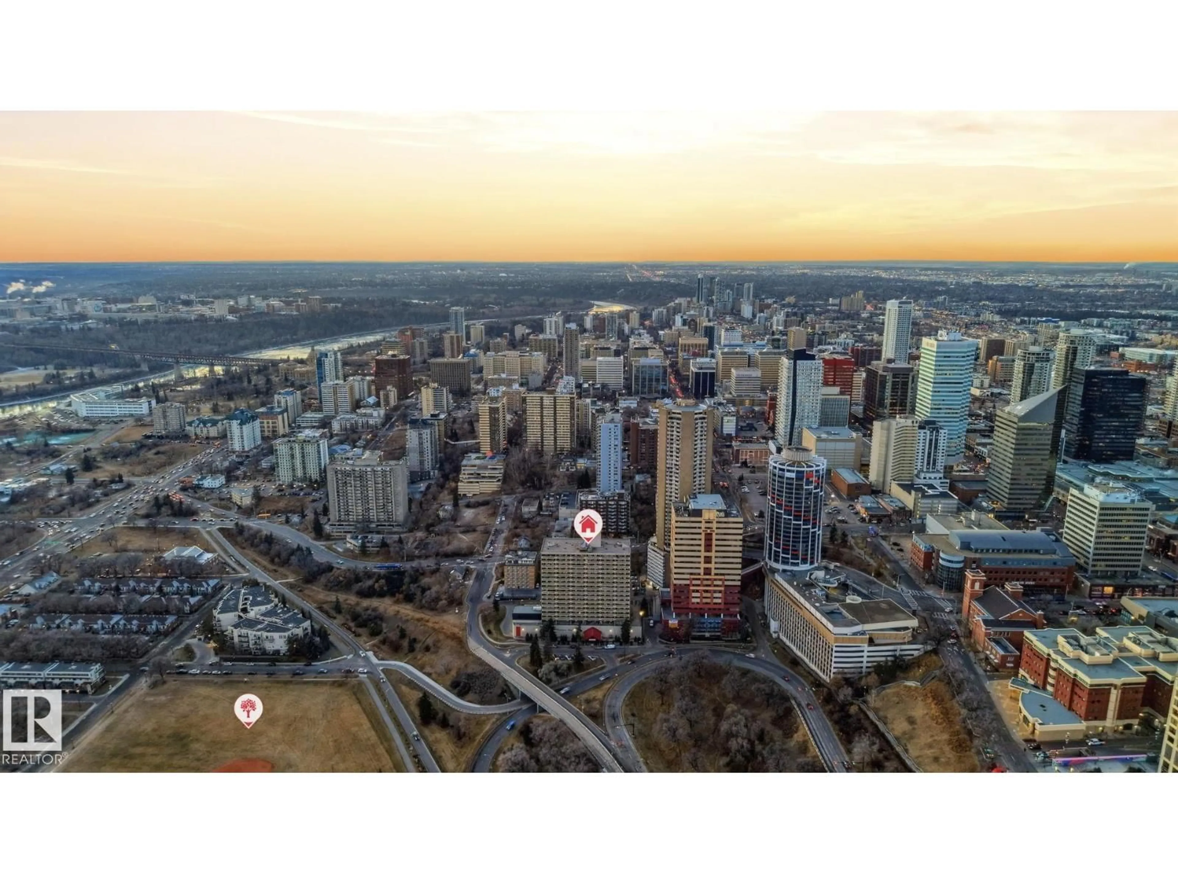 A pic from outside/outdoor area/front of a property/back of a property/a pic from drone, city buildings view from balcony for 1103 - 9918 101 ST NW, Edmonton Alberta T5K2L1