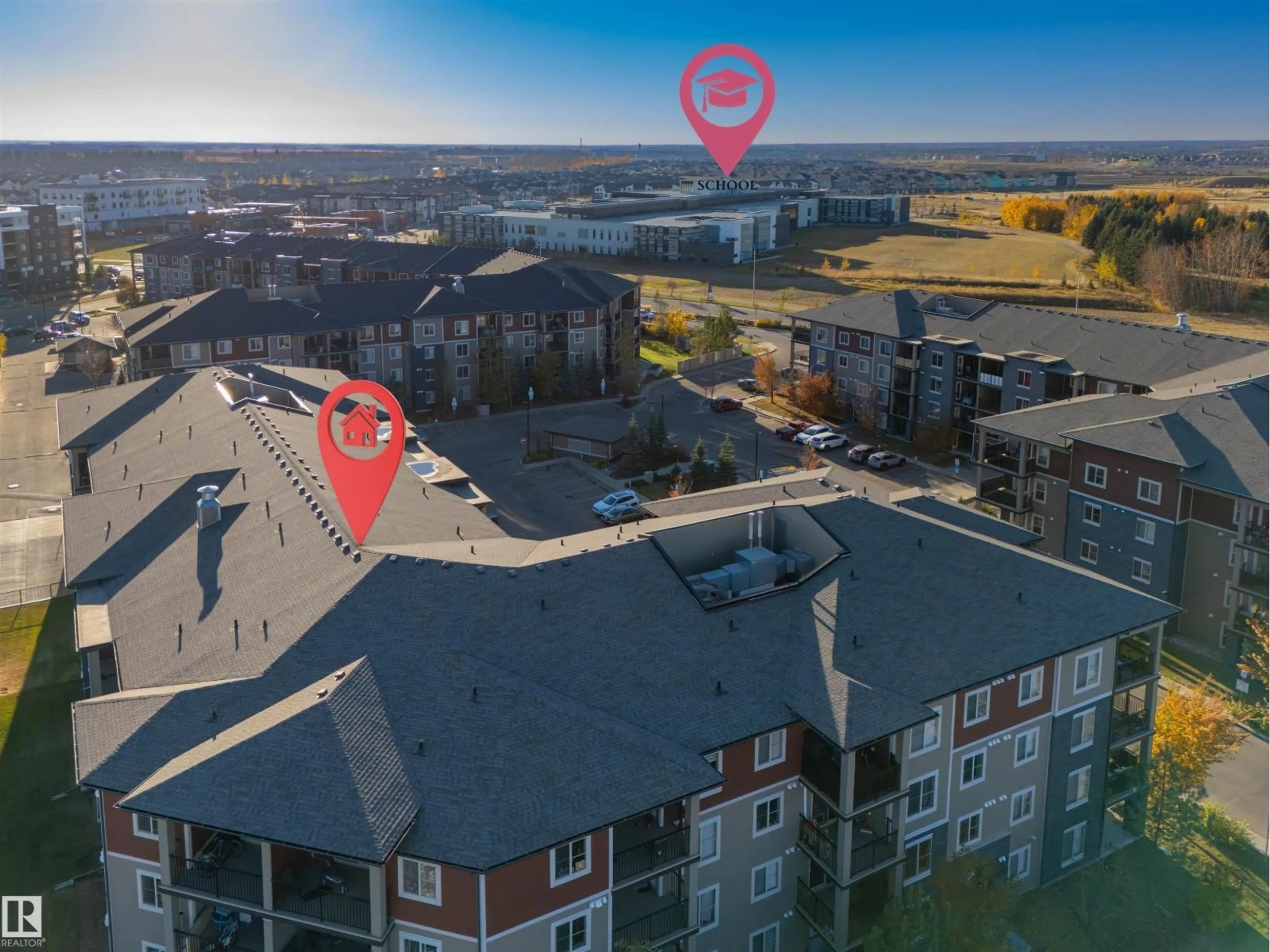 A pic from outside/outdoor area/front of a property/back of a property/a pic from drone, city buildings view from balcony for #206 - 3207 JAMES MOWATT TR, Edmonton Alberta T6W3L6