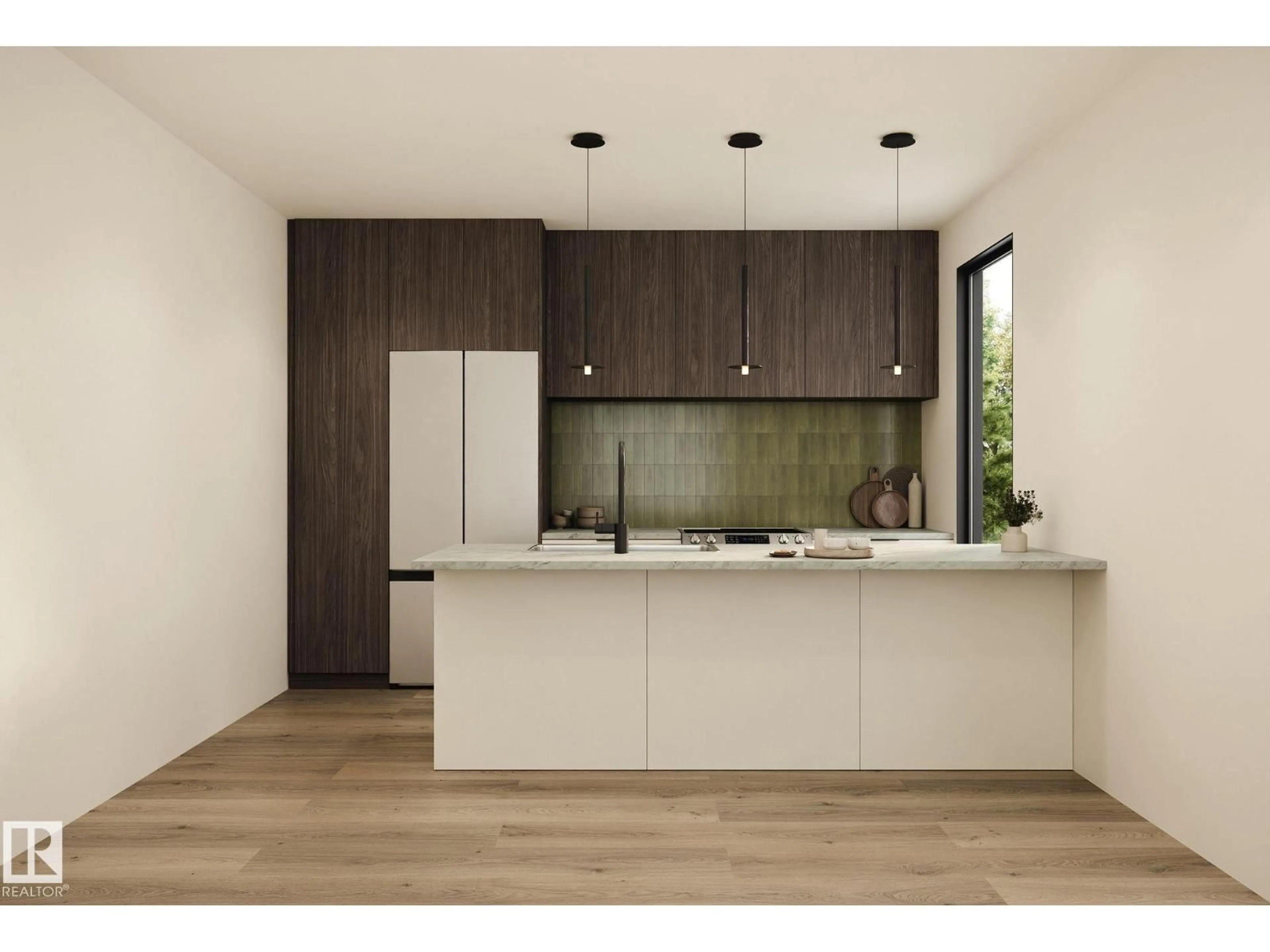 Open concept kitchen, wood/laminate floor for 12803 124 AV, Edmonton Alberta T5L3H9