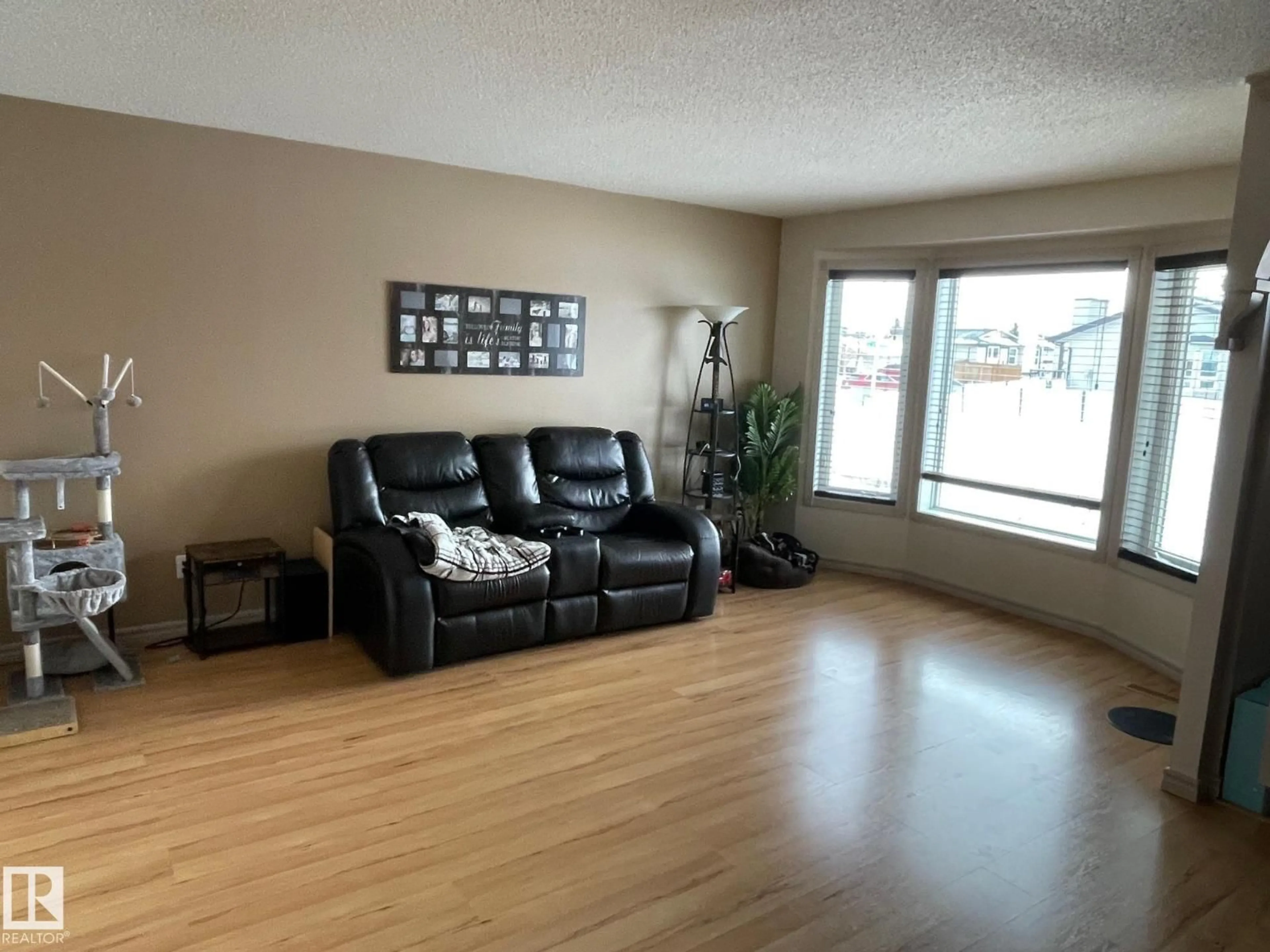 Living room with furniture, wood/laminate floor for 324 WARWICK RD, Edmonton Alberta T5X4P9
