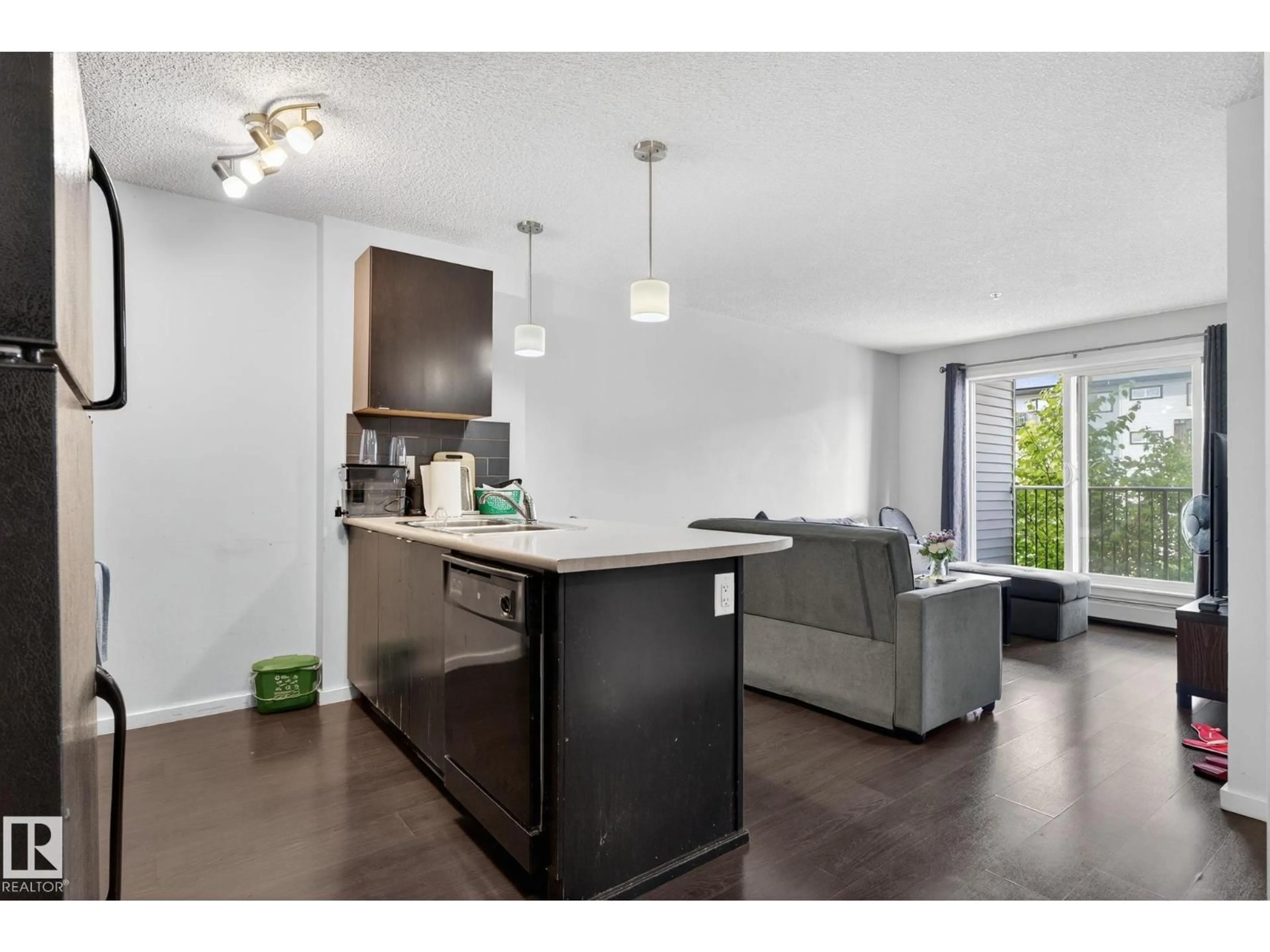 Open concept kitchen, wood/laminate floor for 209 - 3353 16A NW, Edmonton Alberta T6T0V4