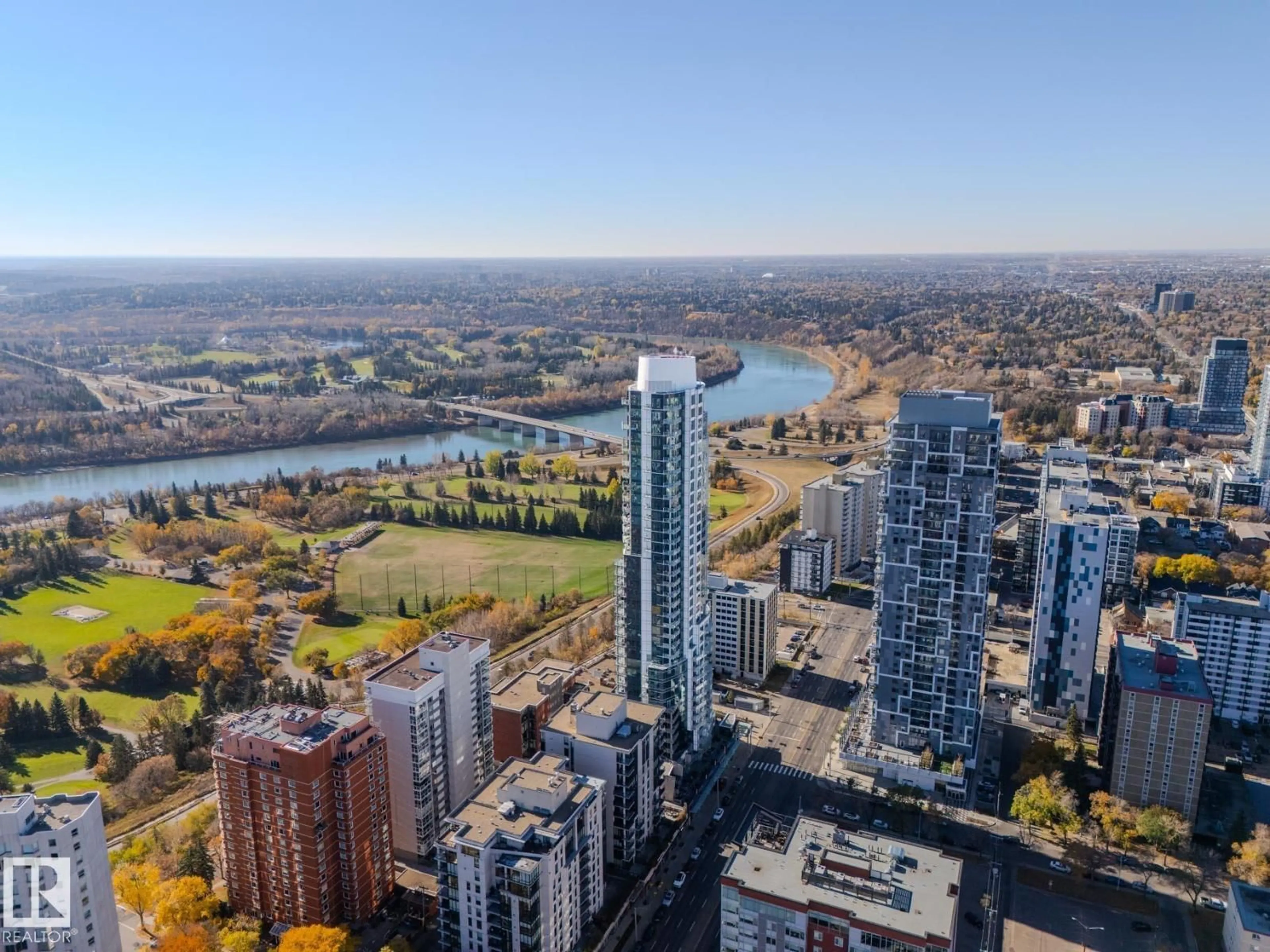 A pic from outside/outdoor area/front of a property/back of a property/a pic from drone, city buildings view from balcony for 1201 JASPER AV, Edmonton Alberta T5K0P1