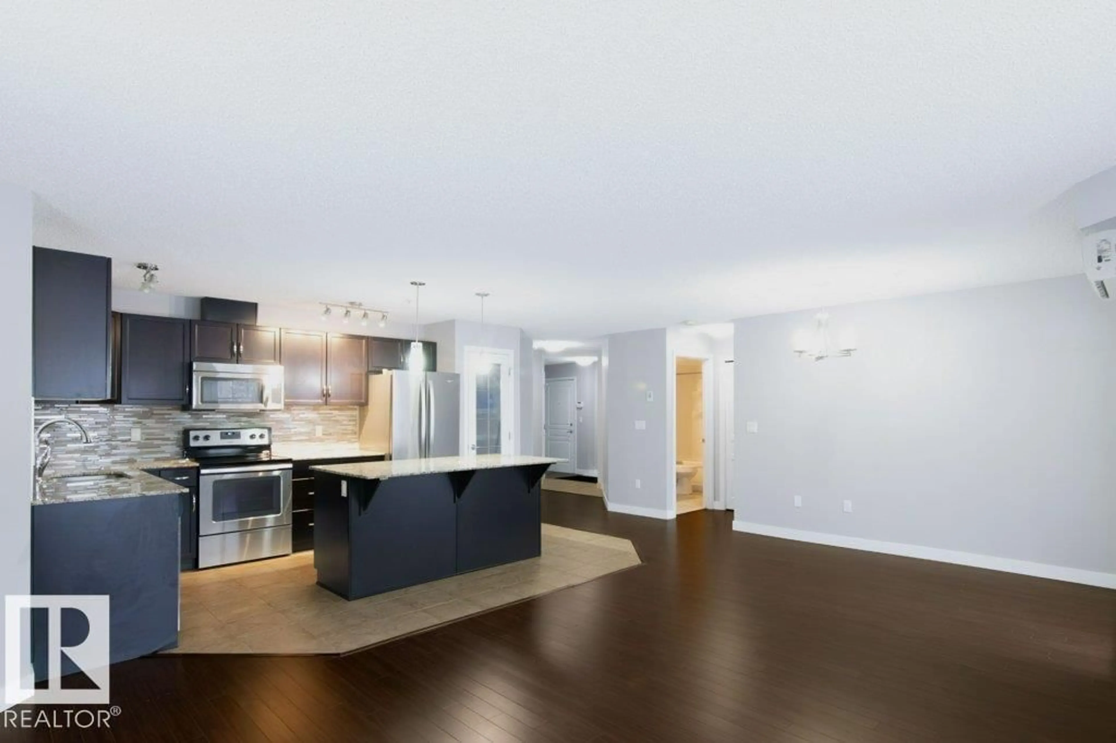 Open concept kitchen, wood/laminate floor for #107 - 2045 GRANTHAM CT, Edmonton Alberta T5T3X6