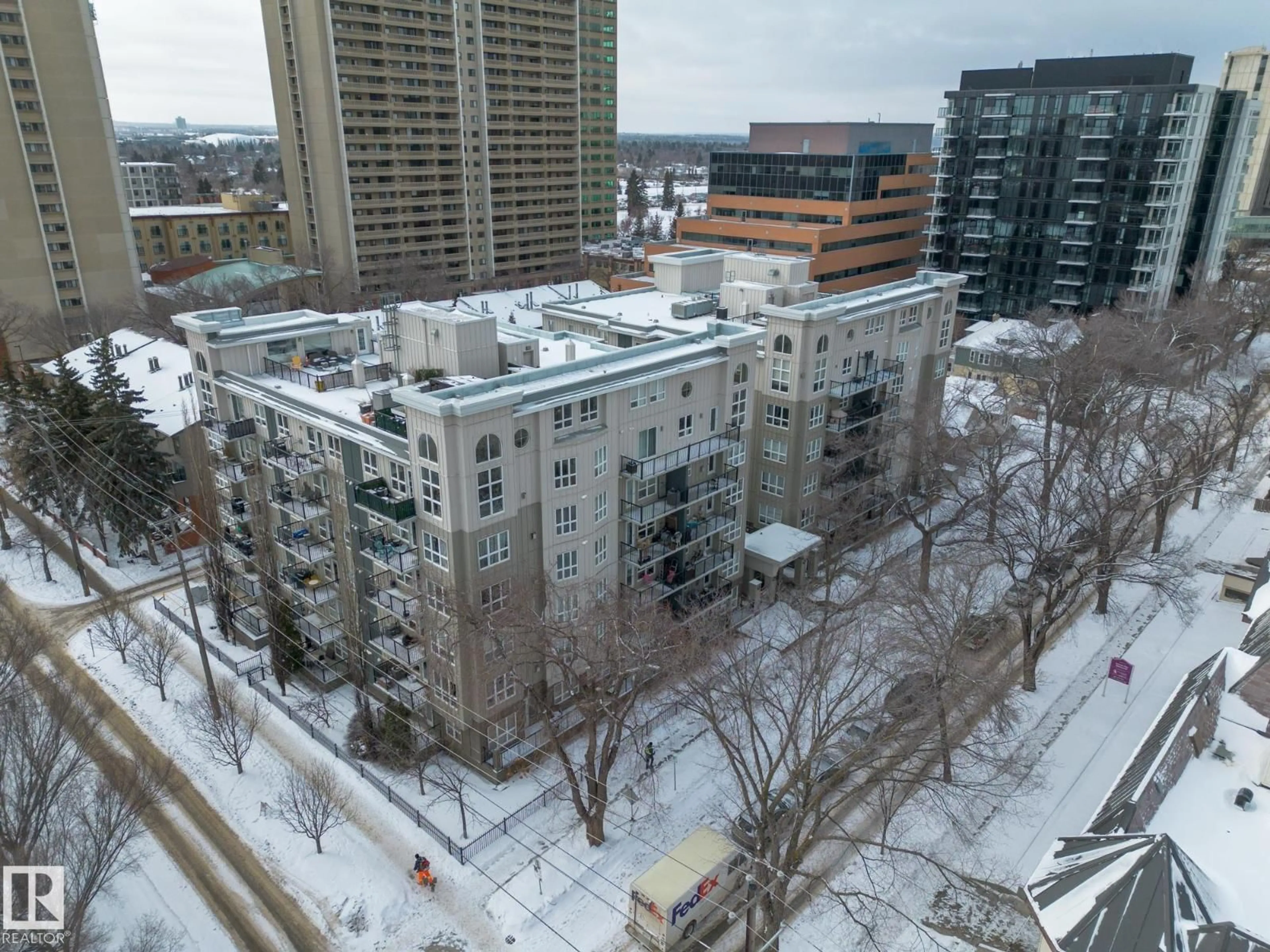 A pic from outside/outdoor area/front of a property/back of a property/a pic from drone, city buildings view from balcony for #402 - 11109 84 AV, Edmonton Alberta T6G2W4