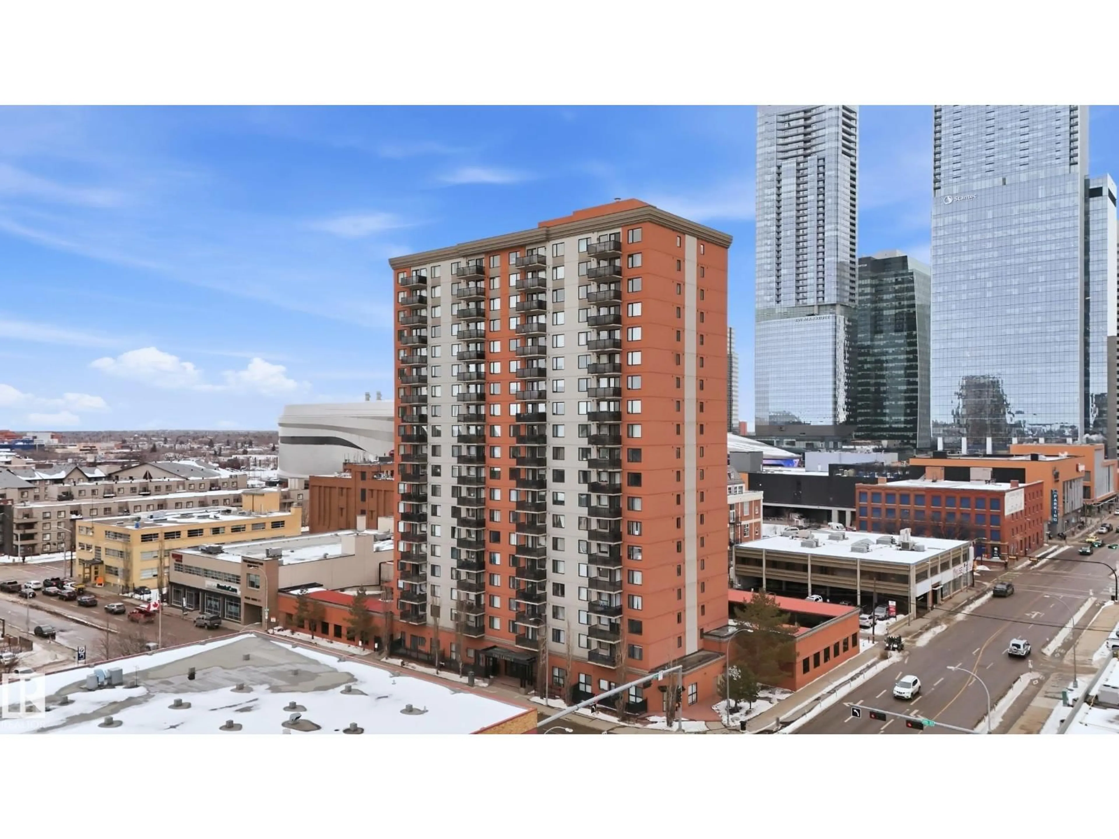 A pic from outside/outdoor area/front of a property/back of a property/a pic from drone, city buildings view from balcony for #402 - 10303 105 ST NW, Edmonton Alberta T5Y5G3