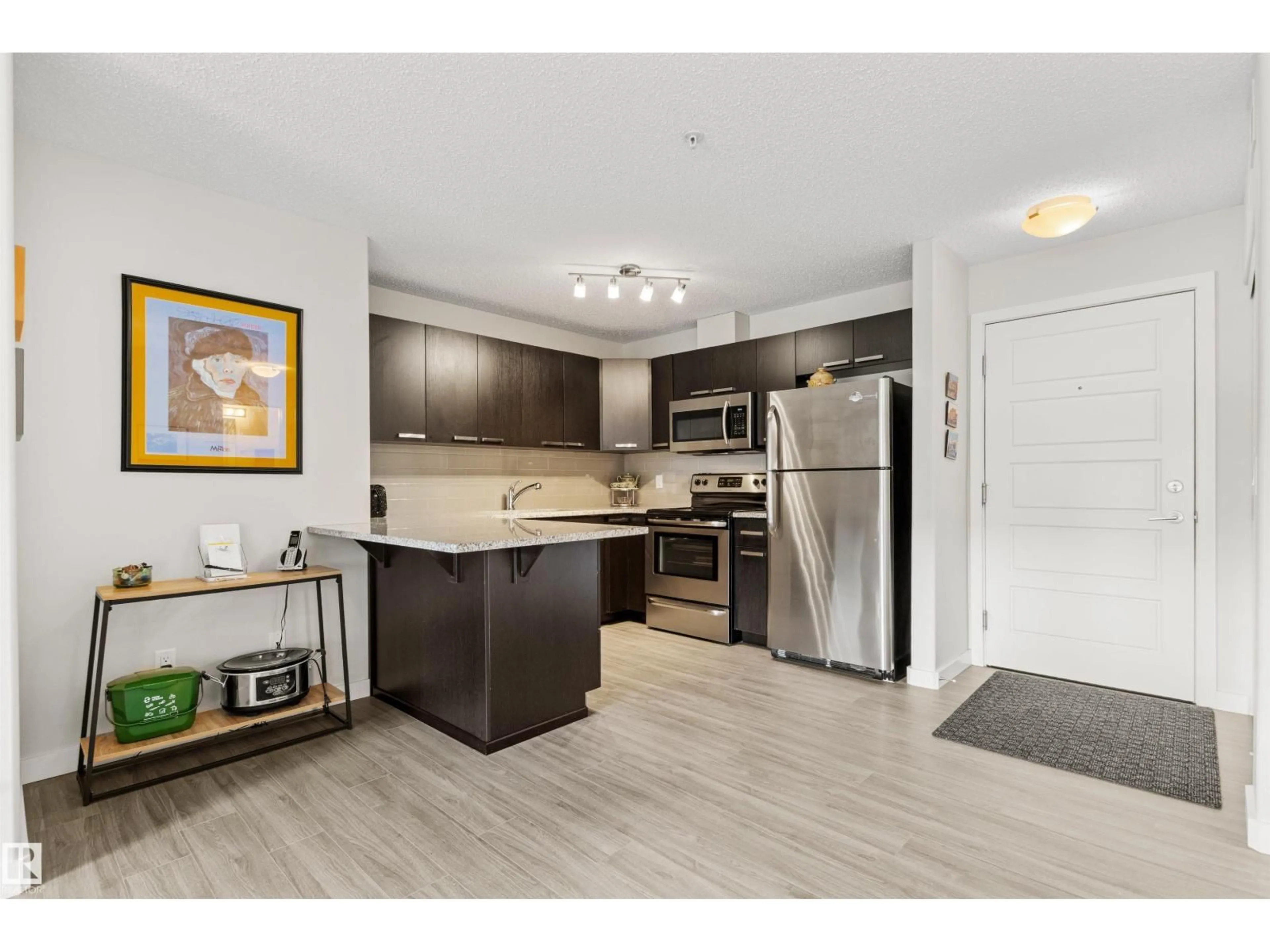 Open concept kitchen, wood/laminate floor for #209 - 14808 125 ST NW, Edmonton Alberta T5X0G1