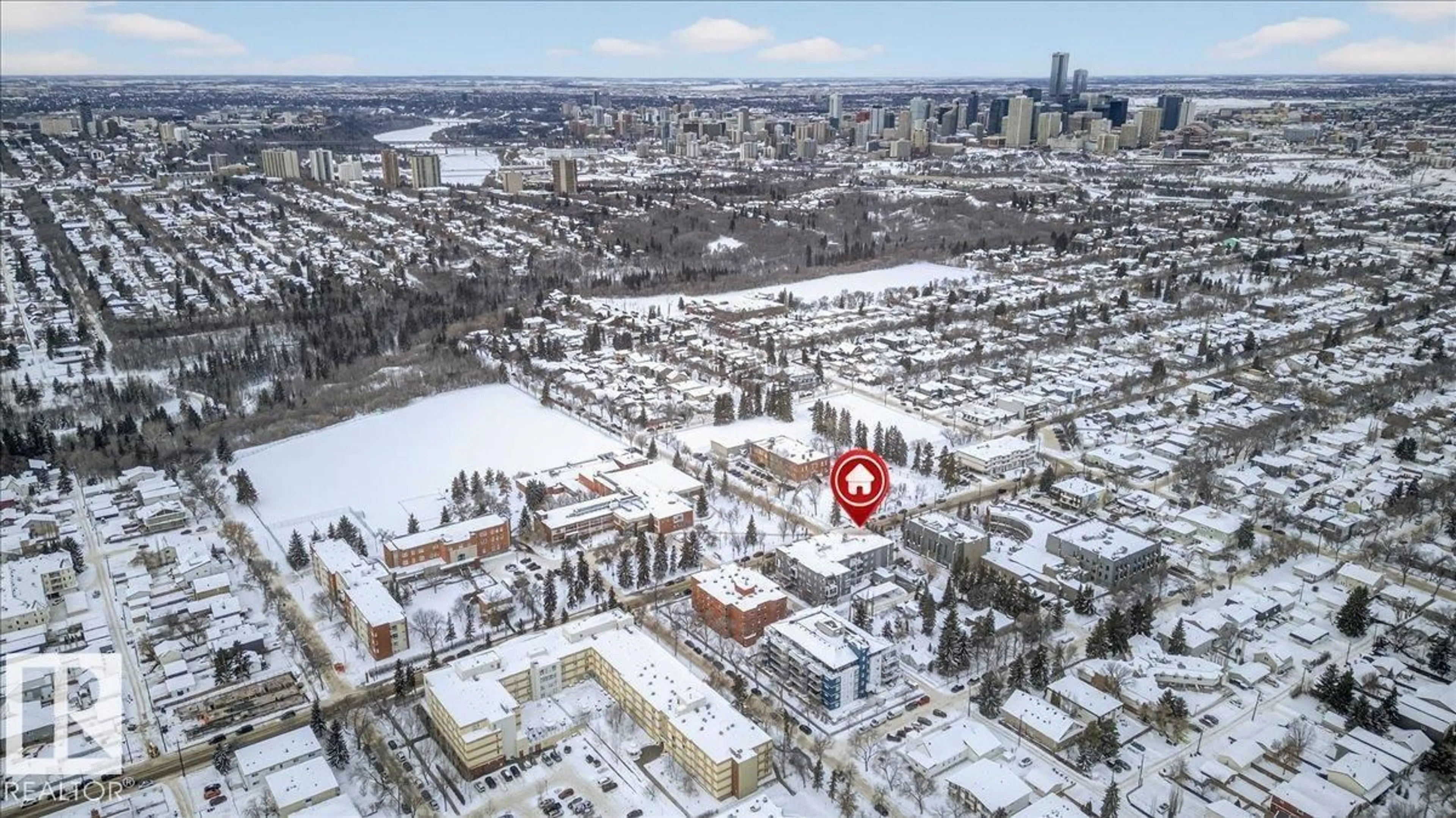 A pic from outside/outdoor area/front of a property/back of a property/a pic from drone, city buildings view from balcony for #406 - 8525 91 ST NW, Edmonton Alberta T6C3N1