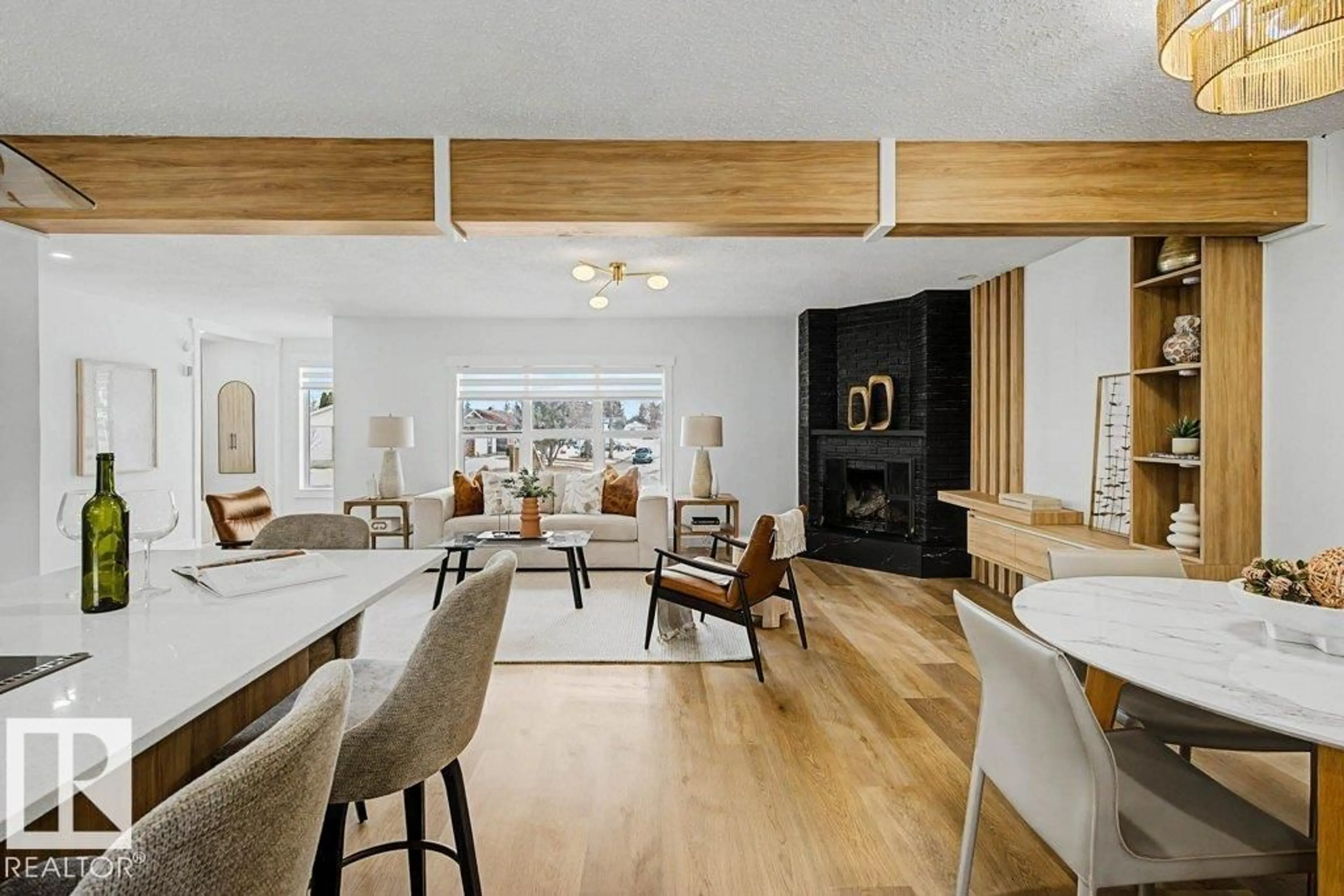 Living room with furniture, wood/laminate floor for 49 GALLOWAY DR, Sherwood Park Alberta T8A2M1