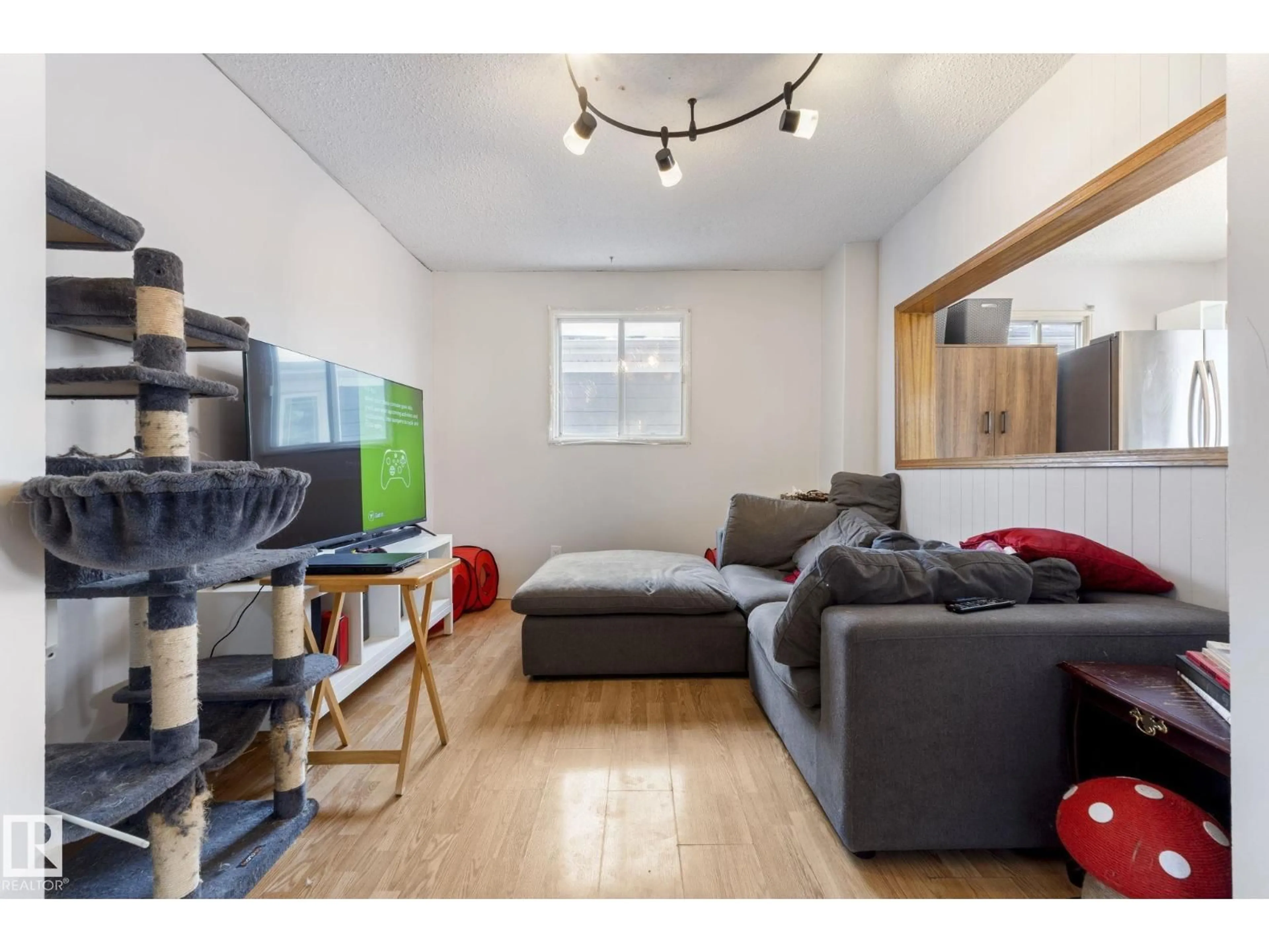 Living room with furniture, wood/laminate floor for 11521 92 ST, Edmonton Alberta T5G0Z8