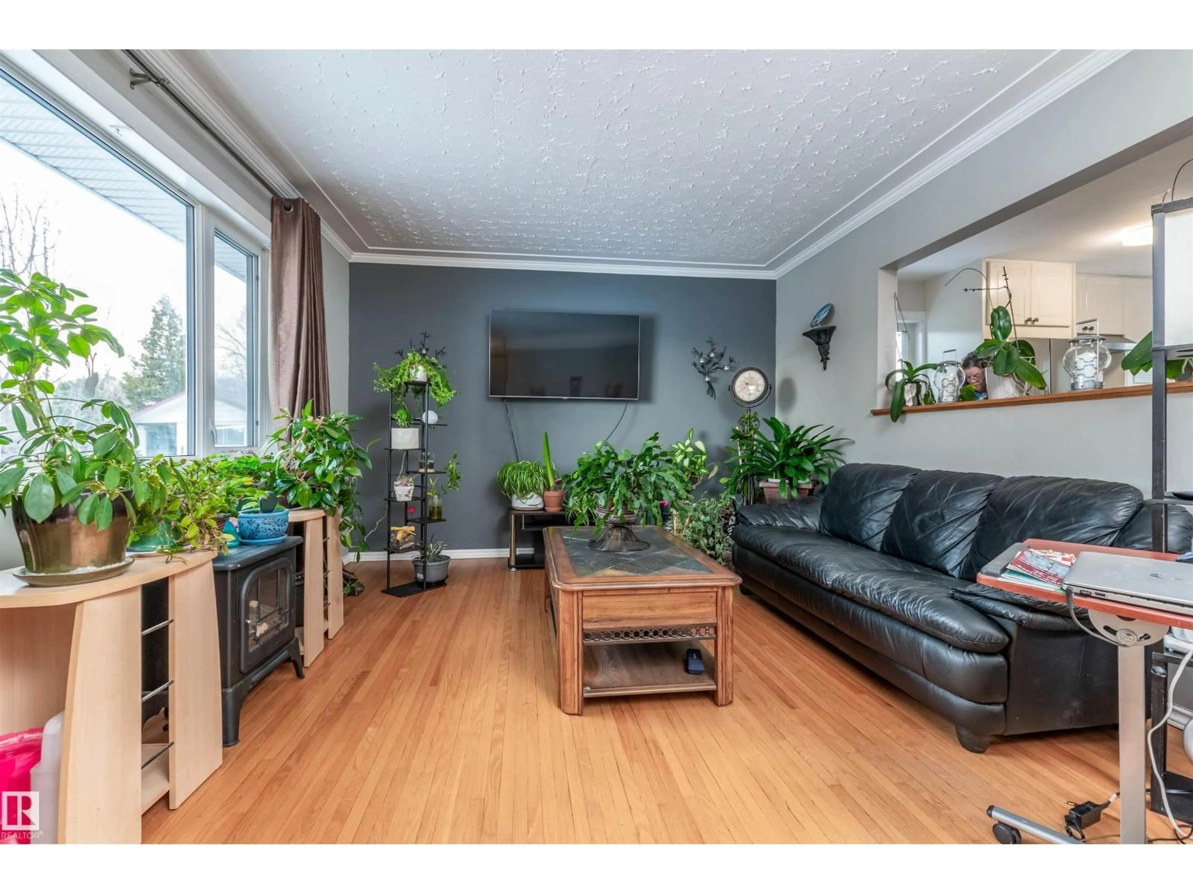 Living room with furniture, wood/laminate floor for NW - 12836 107 ST, Edmonton Alberta T5E4V3