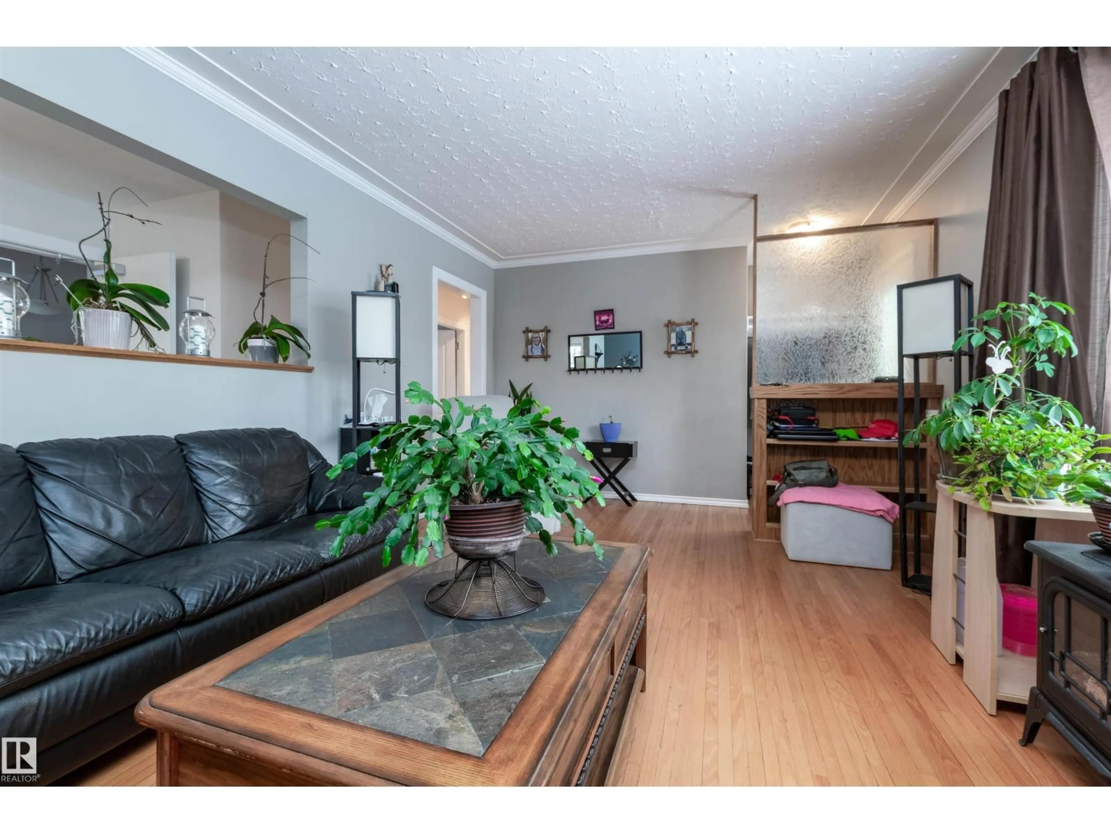 Living room with furniture, wood/laminate floor for NW - 12836 107 ST, Edmonton Alberta T5E4V3