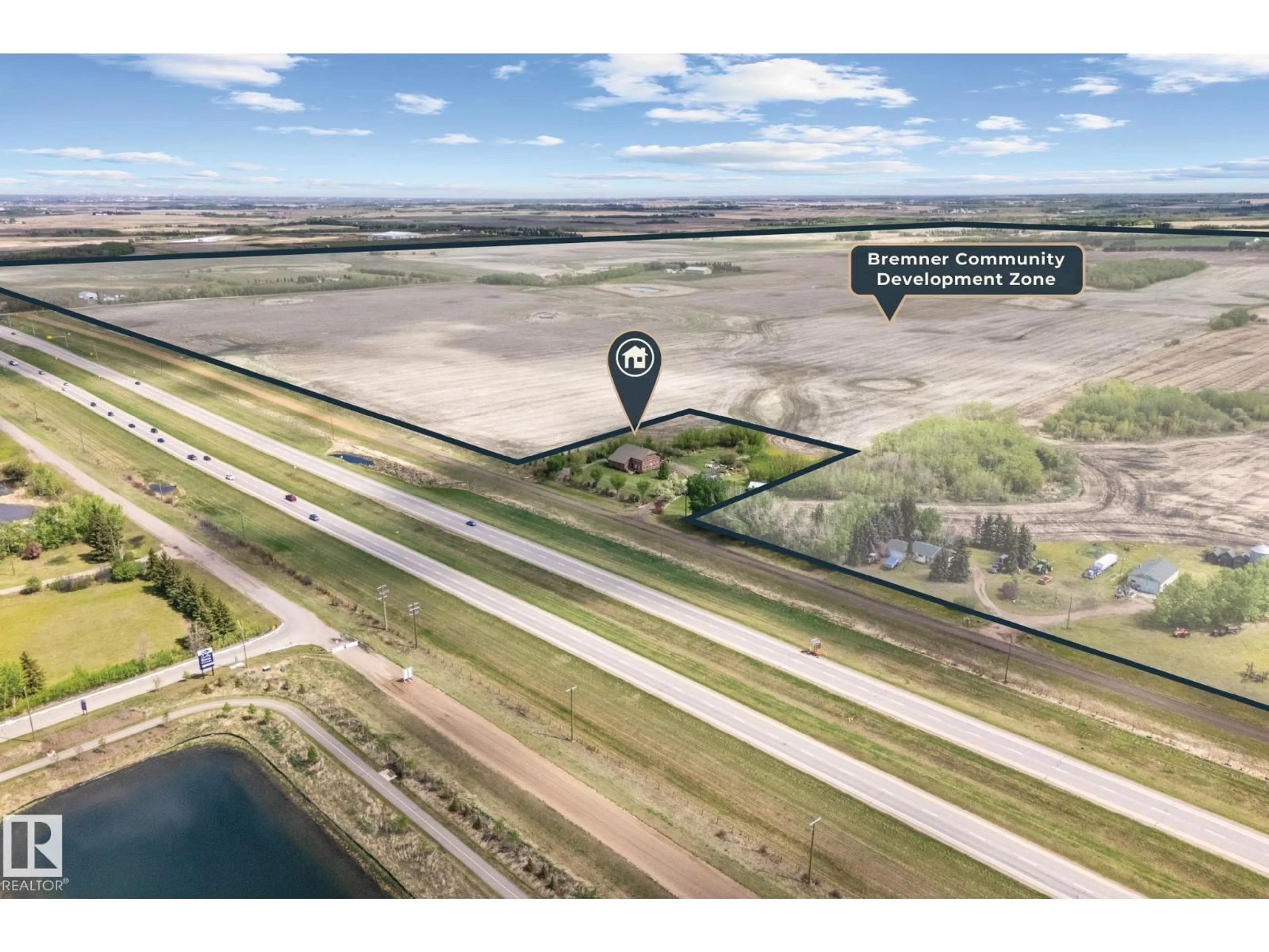 A pic from outside/outdoor area/front of a property/back of a property/a pic from drone, water/lake/river/ocean view for 53341 HWY 21, Rural Strathcona County Alberta T8A4V1