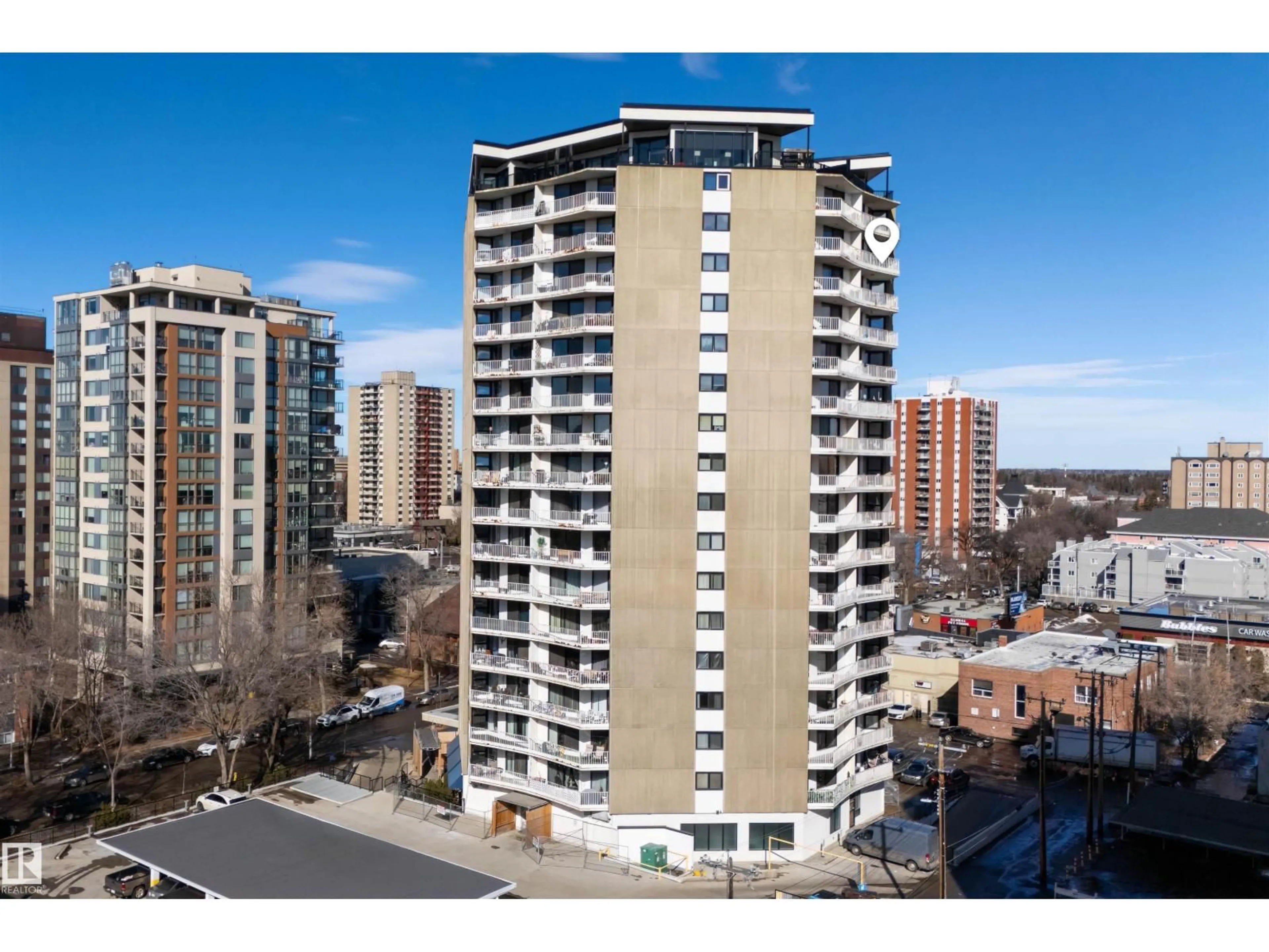 A pic from outside/outdoor area/front of a property/back of a property/a pic from drone, city buildings view from balcony for 10045 - 1608 117 ST, Edmonton Alberta T6C2C1