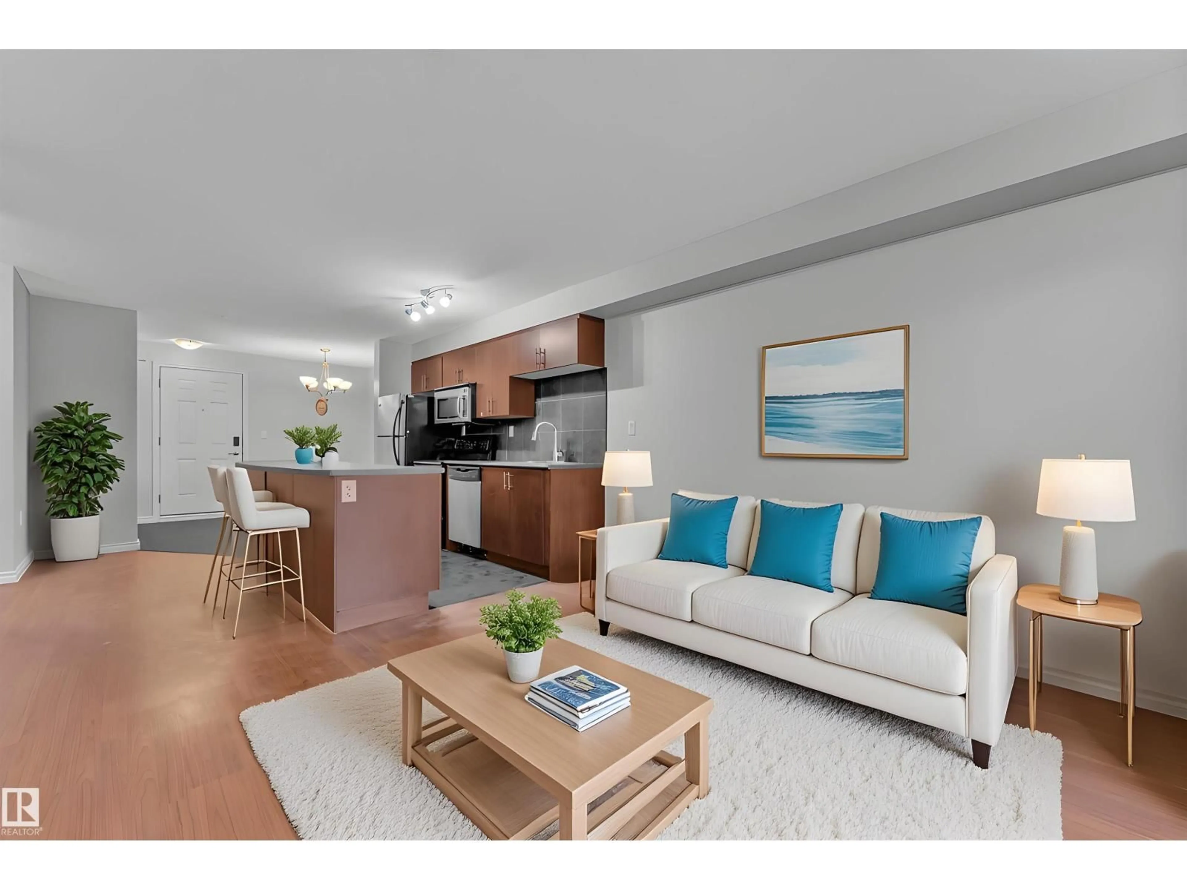 Living room with furniture, wood/laminate floor for #210 - 10118 106 AV, Edmonton Alberta T5H0B8