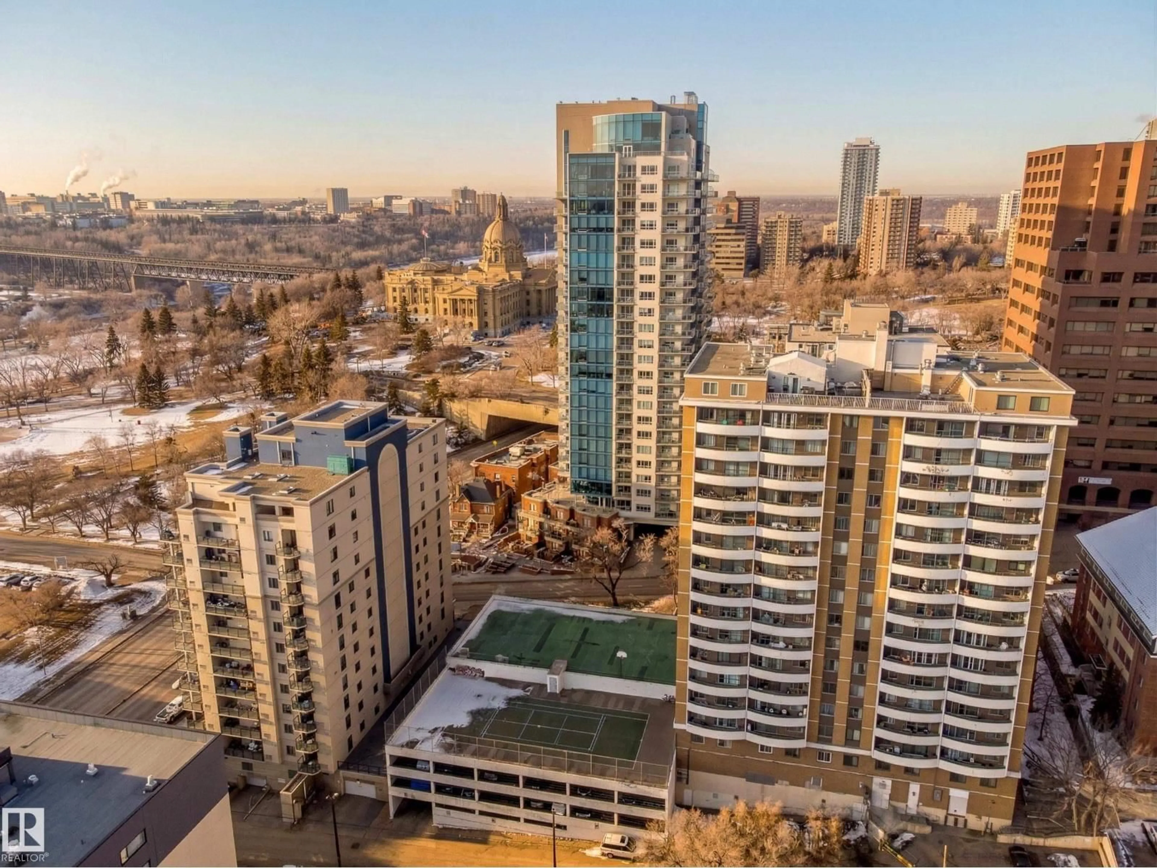 A pic from outside/outdoor area/front of a property/back of a property/a pic from drone, city buildings view from balcony for 9725 106 ST, Edmonton Alberta T5K1B5