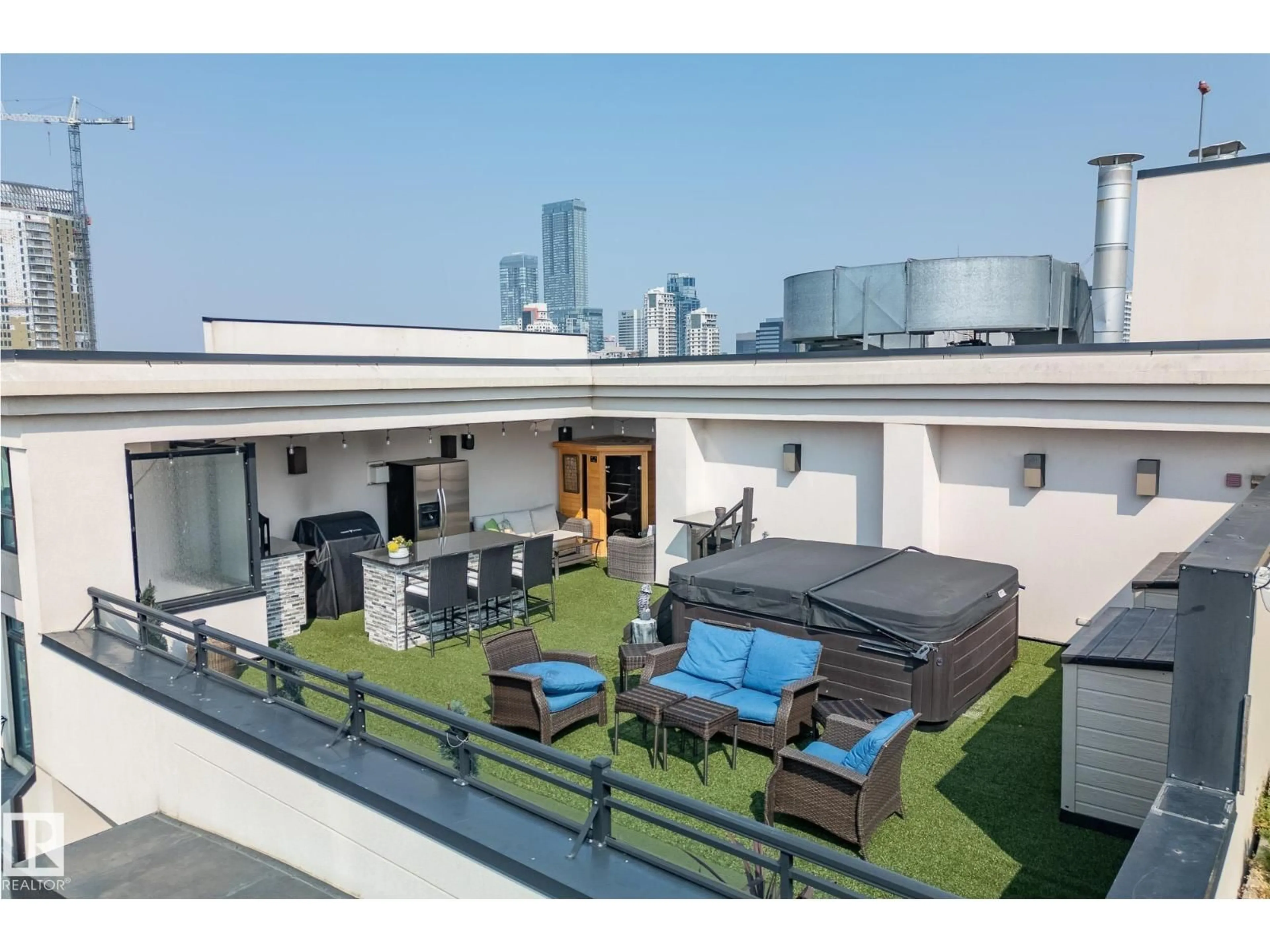 Patio, city buildings view from balcony for PH04/1804 - 9939 109 ST NW, Edmonton Alberta T5K1H6