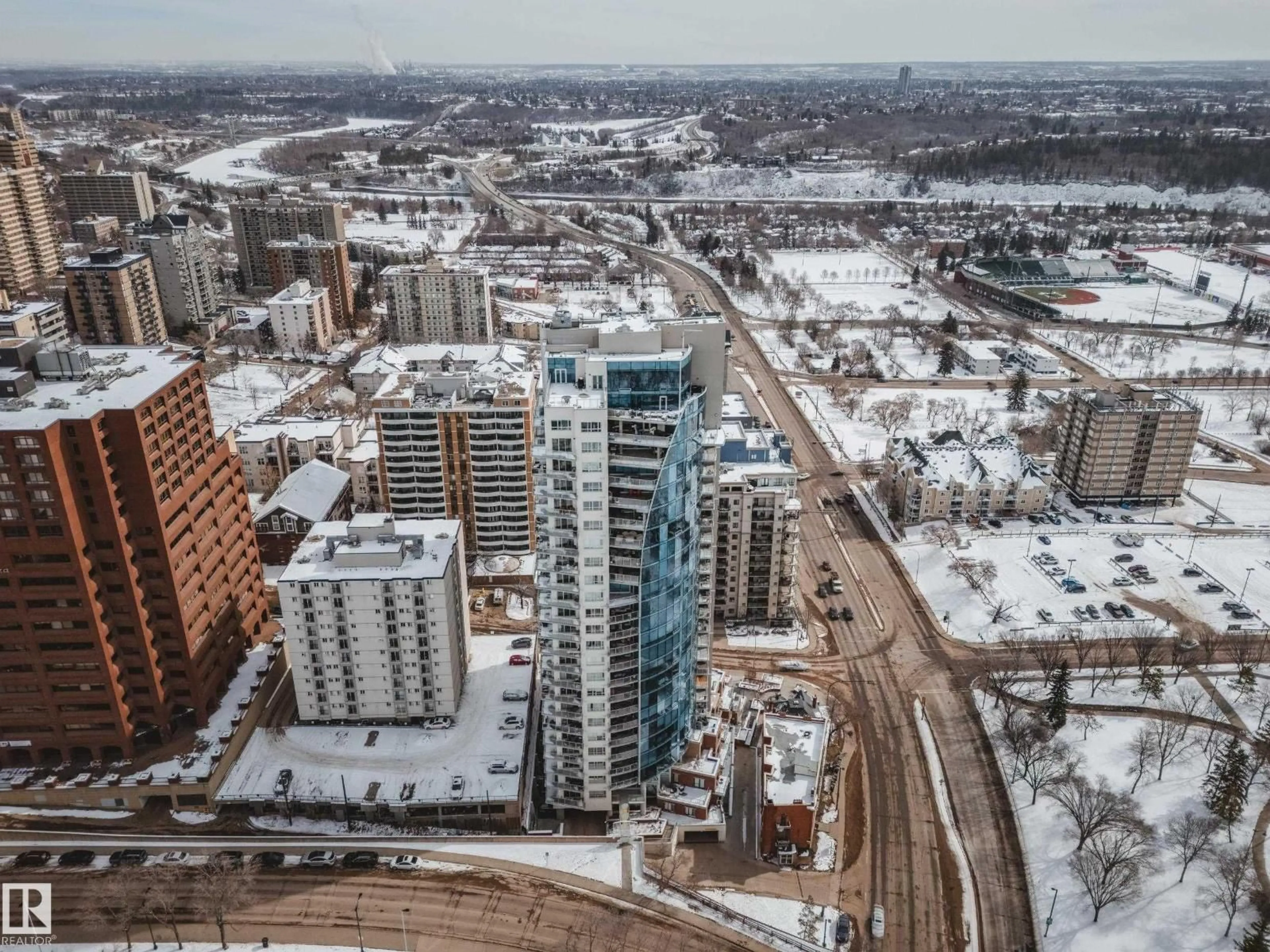 A pic from outside/outdoor area/front of a property/back of a property/a pic from drone, city buildings view from balcony for 1203 106 ST, Edmonton Alberta T5K0K8