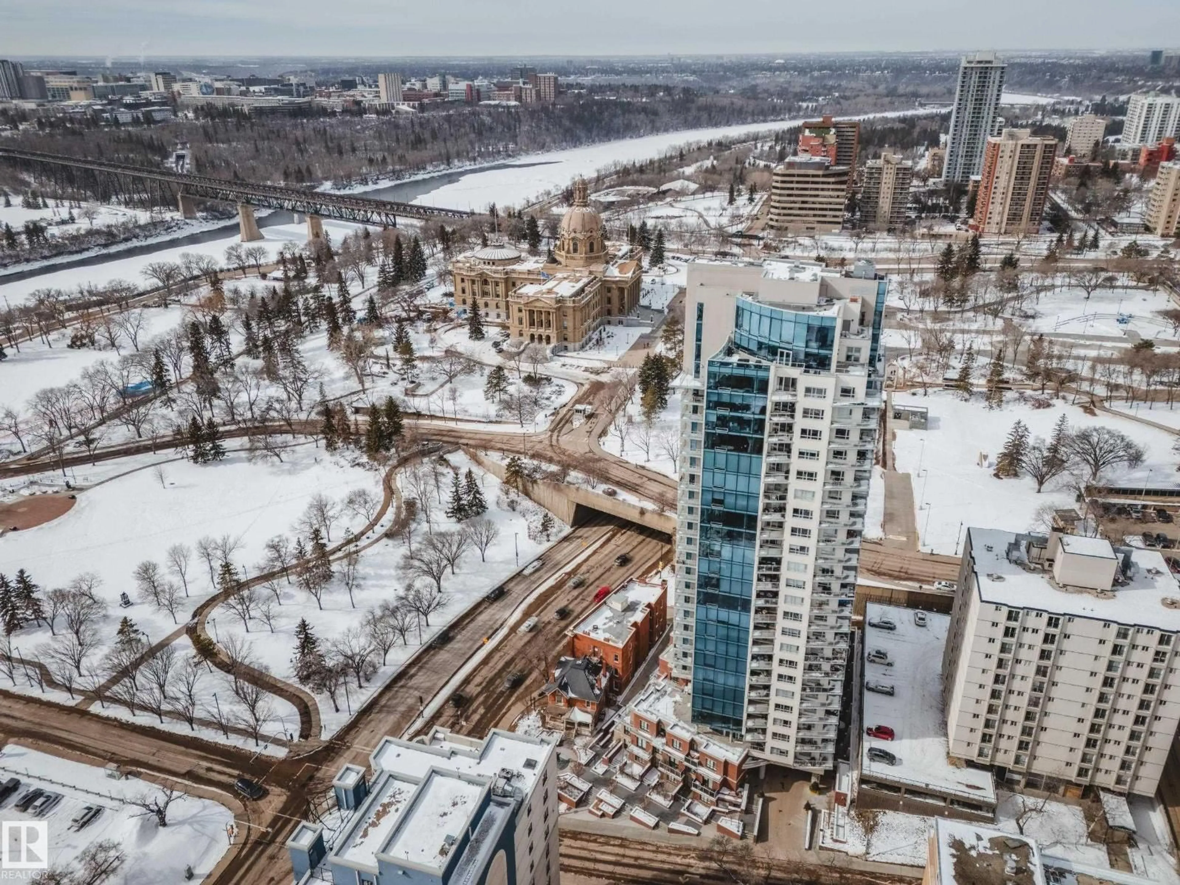 A pic from outside/outdoor area/front of a property/back of a property/a pic from drone, city buildings view from balcony for 1203 106 ST, Edmonton Alberta T5K0K8