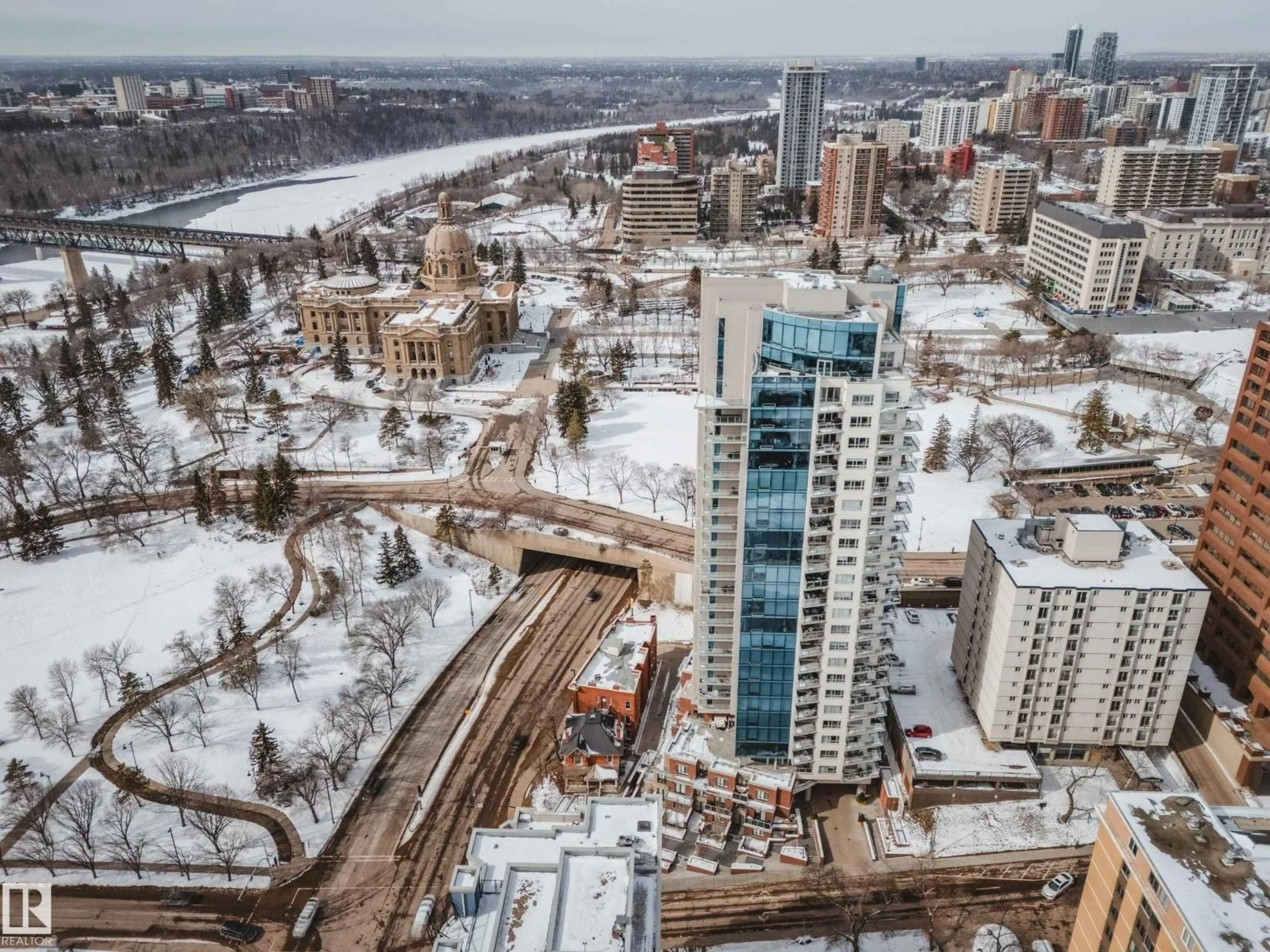 A pic from outside/outdoor area/front of a property/back of a property/a pic from drone, city buildings view from balcony for 1203 106 ST, Edmonton Alberta T5K0K8