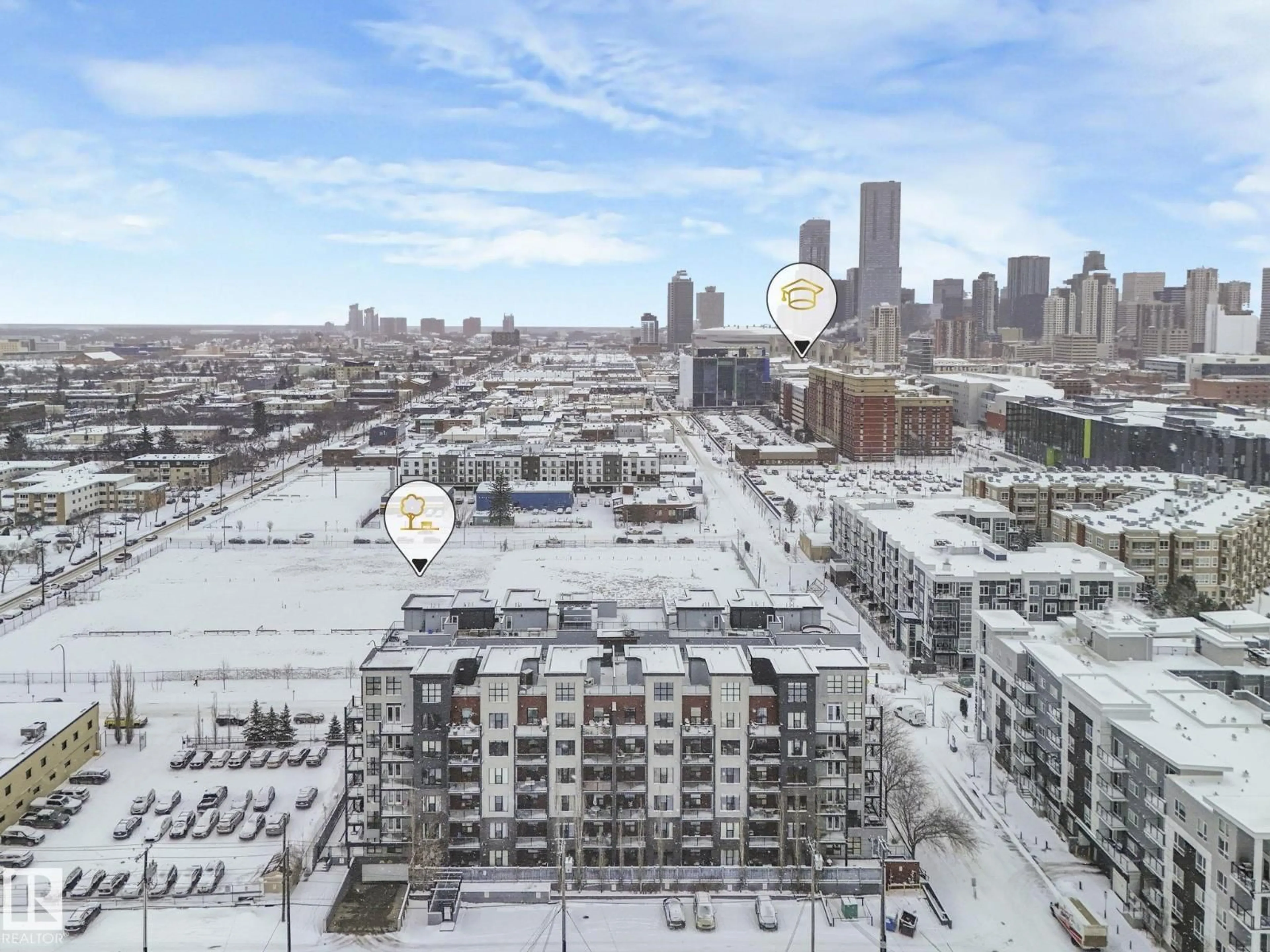 A pic from outside/outdoor area/front of a property/back of a property/a pic from drone, city buildings view from balcony for #412 - 10518 113 ST, Edmonton Alberta T5H0C6