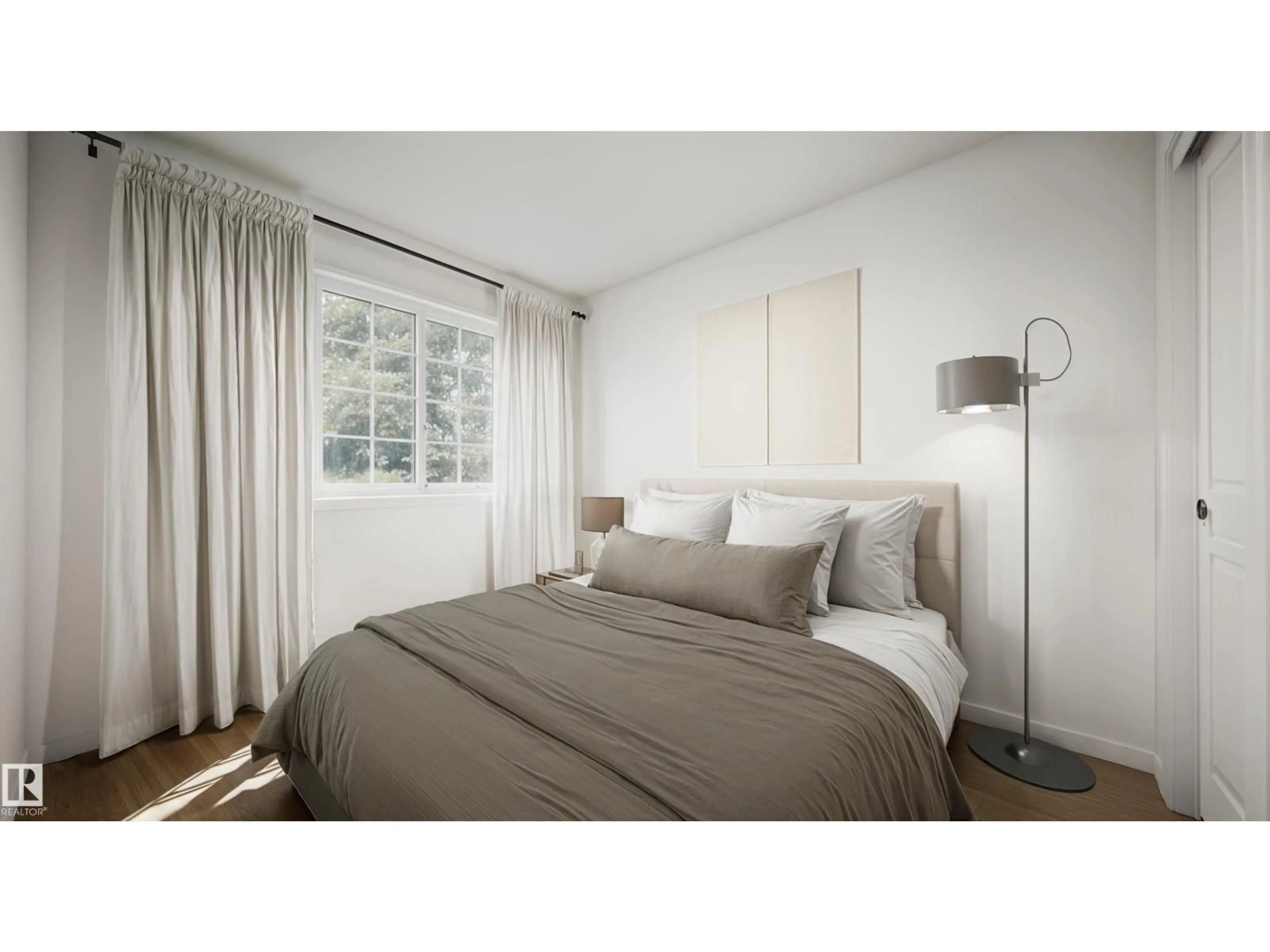 Bedroom with bed, wood/laminate floor for NE - 52 17319 5 ST, Edmonton Alberta T5Y4G2