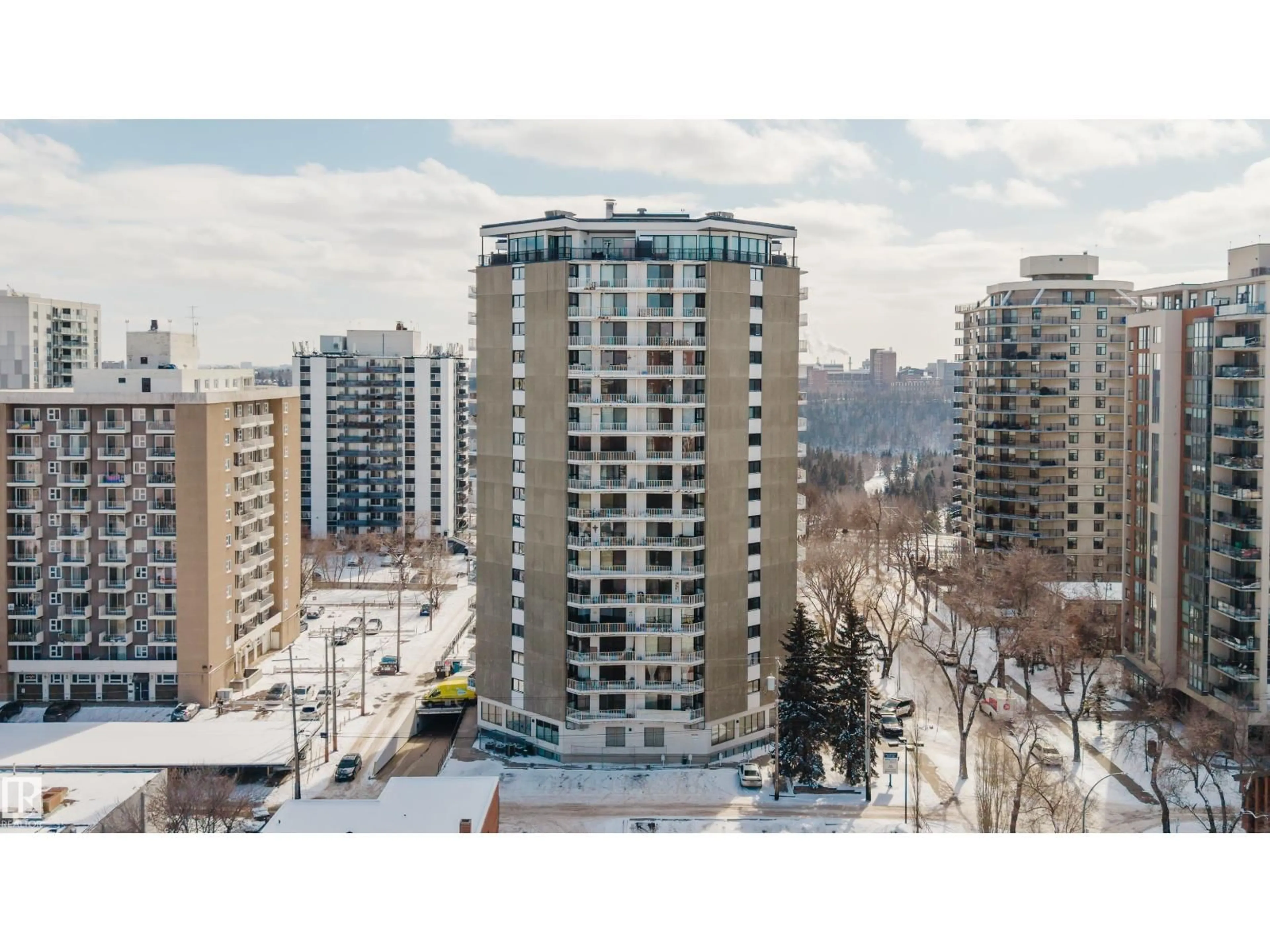 A pic from outside/outdoor area/front of a property/back of a property/a pic from drone, city buildings view from balcony for #402 - 10045 117 ST, Edmonton Alberta T5K1W8