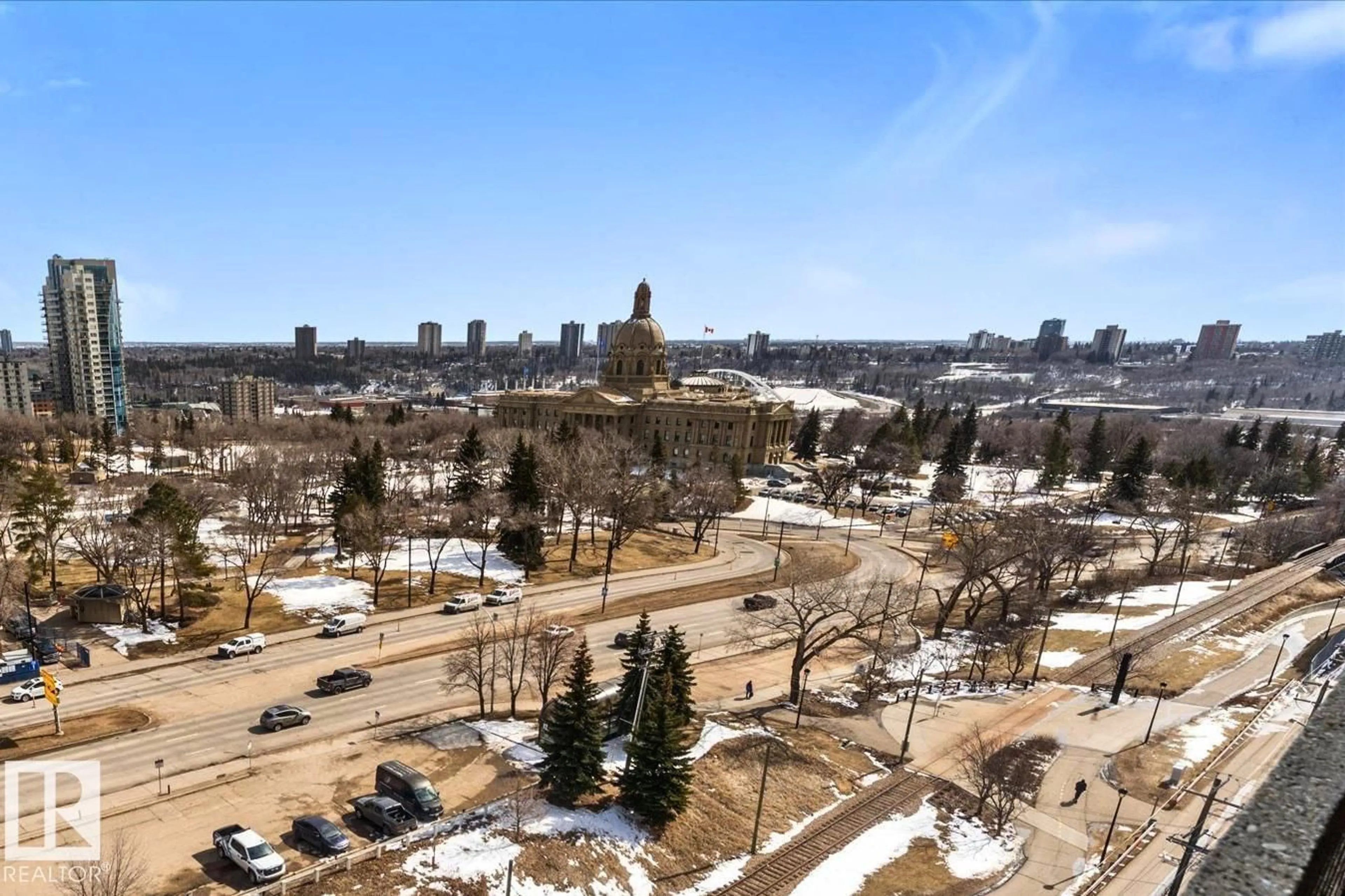 A pic from outside/outdoor area/front of a property/back of a property/a pic from drone, city buildings view from balcony for 1105 - 9809 110 ST NW, Edmonton Alberta T5K2J9