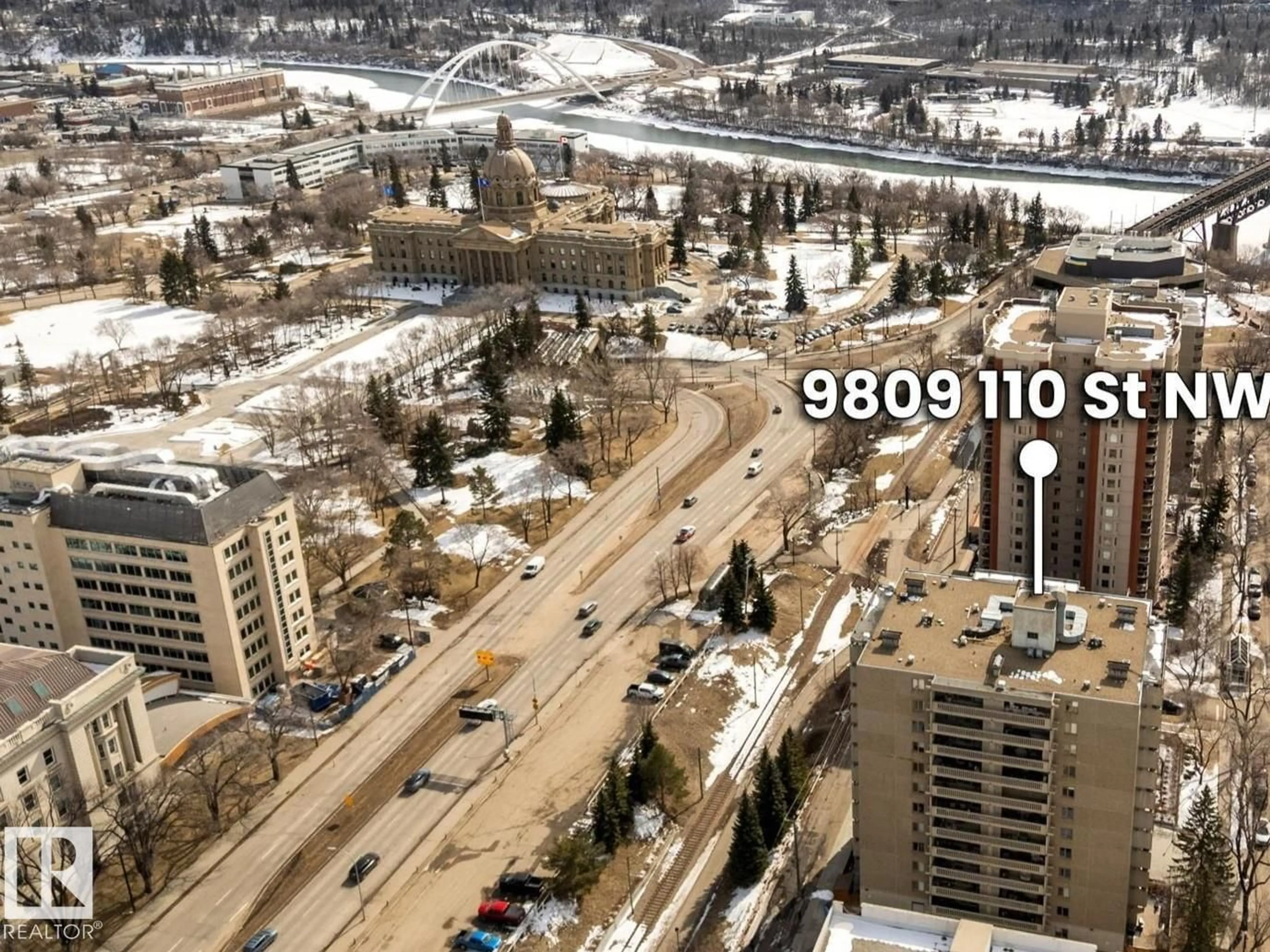 A pic from outside/outdoor area/front of a property/back of a property/a pic from drone, city buildings view from balcony for 1105 - 9809 110 ST NW, Edmonton Alberta T5K2J9