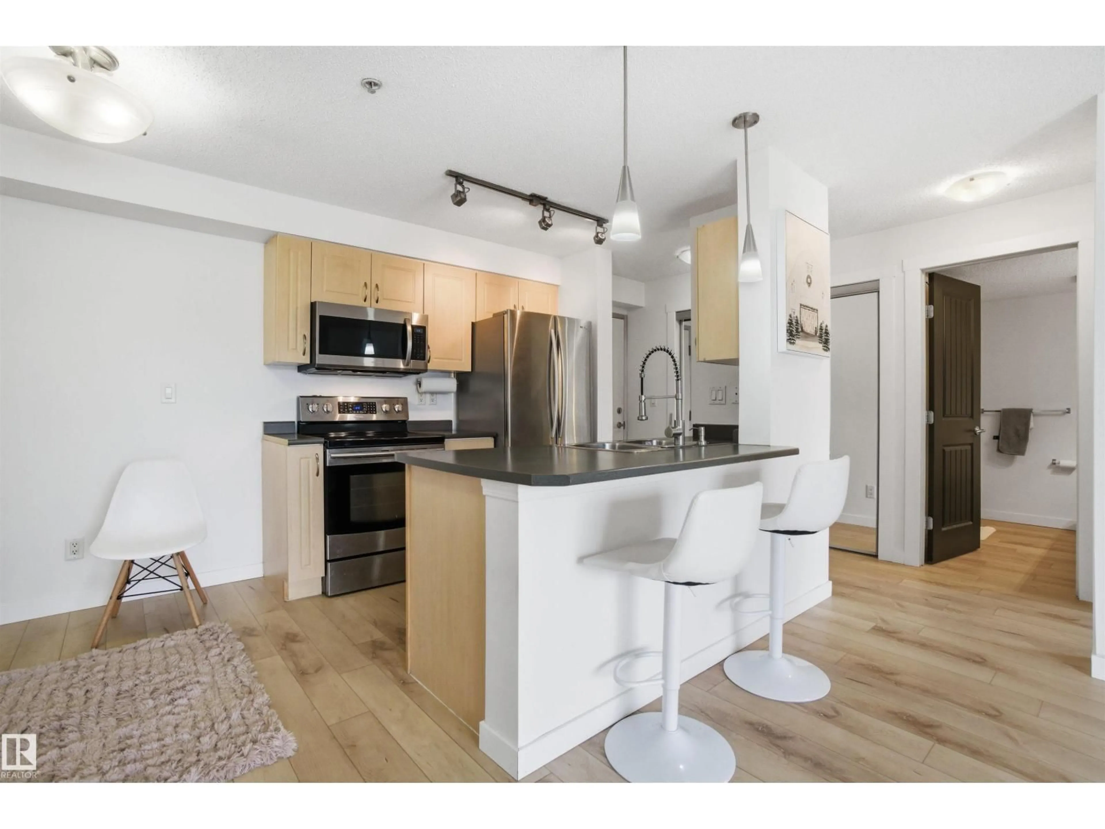 Open concept kitchen, wood/laminate floor for #203 - 13908 136 ST, Edmonton Alberta T6V1X4
