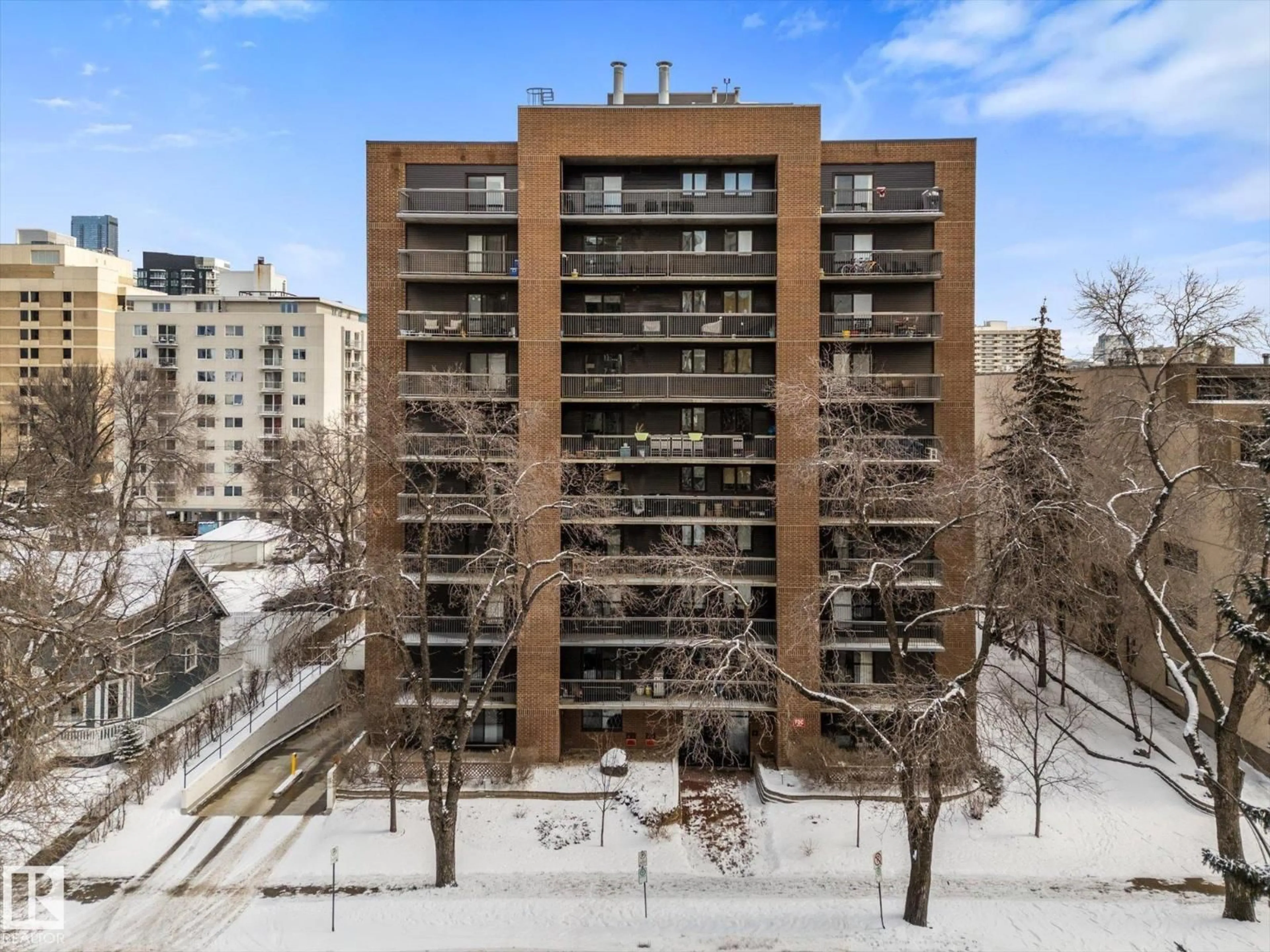 Balcony in the apartment, city buildings view from balcony for 506 - 9929 113 ST, Edmonton Alberta T5K2N9