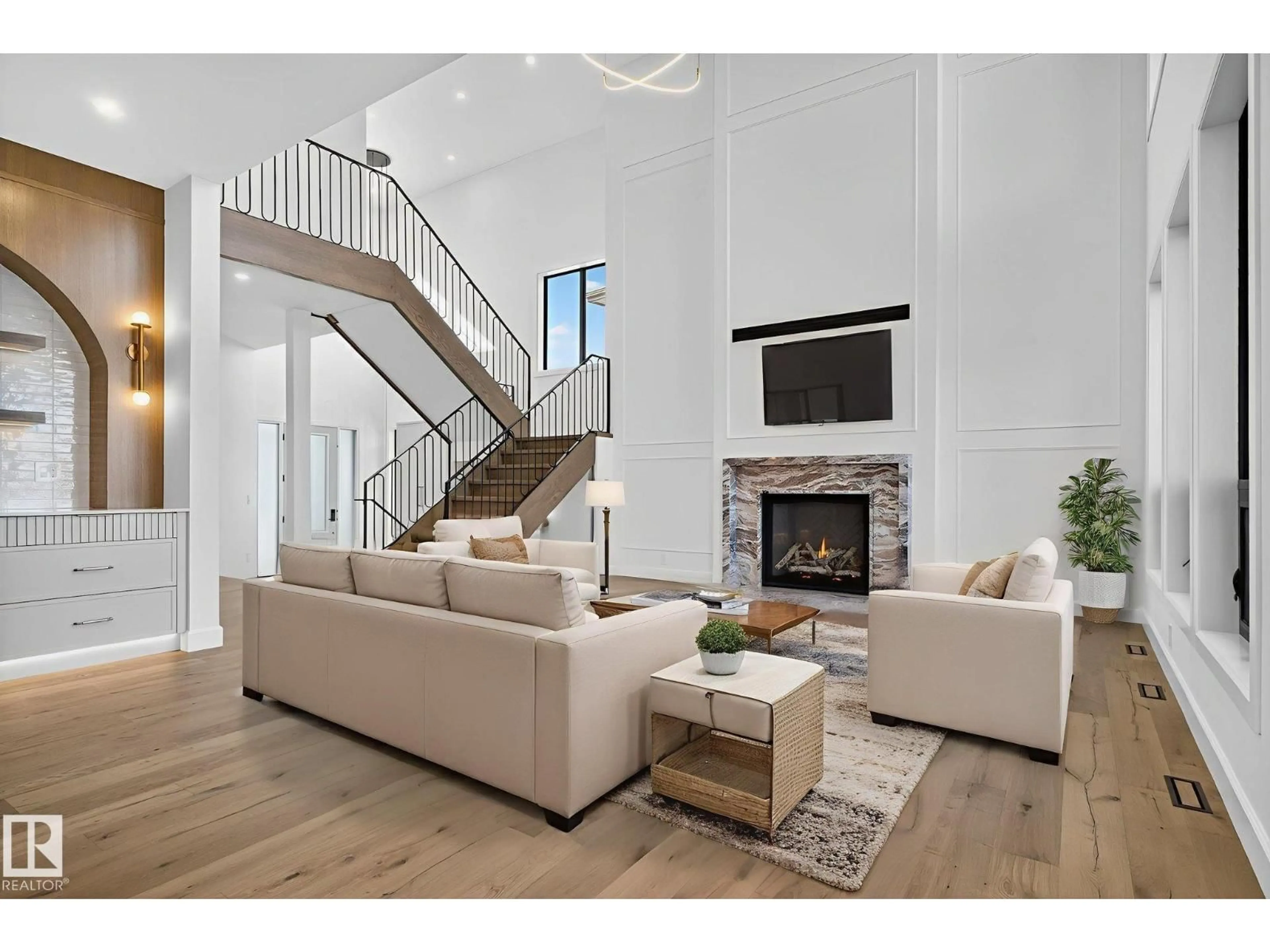 Living room with furniture, wood/laminate floor for 4706 KNIGHT CL, Edmonton Alberta T6W4V6