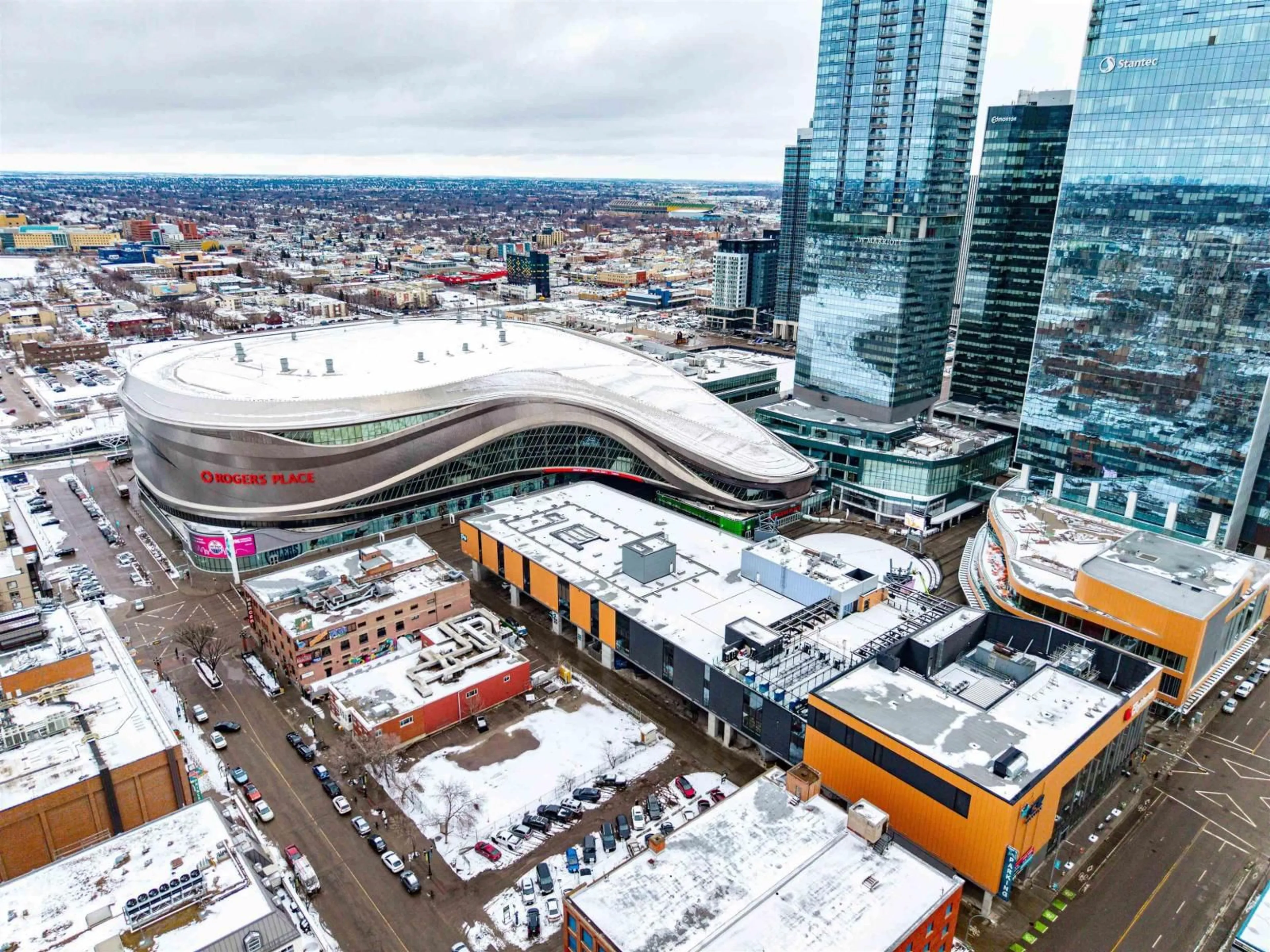 A pic from outside/outdoor area/front of a property/back of a property/a pic from drone, city buildings view from balcony for 1403 - 10136 104 ST NW, Edmonton Alberta T5J0B5