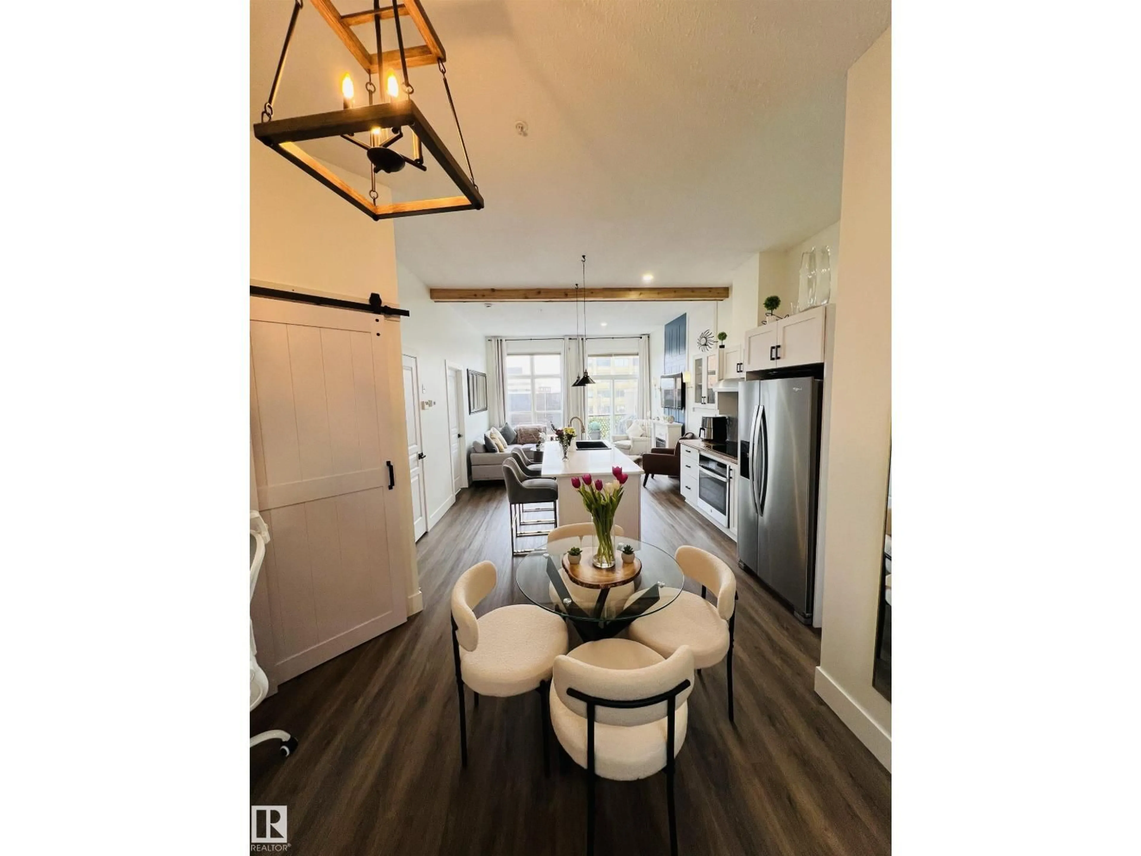 Open concept kitchen, wood/laminate floor for #443 - 10403 122 ST, Edmonton Alberta T5N4C1