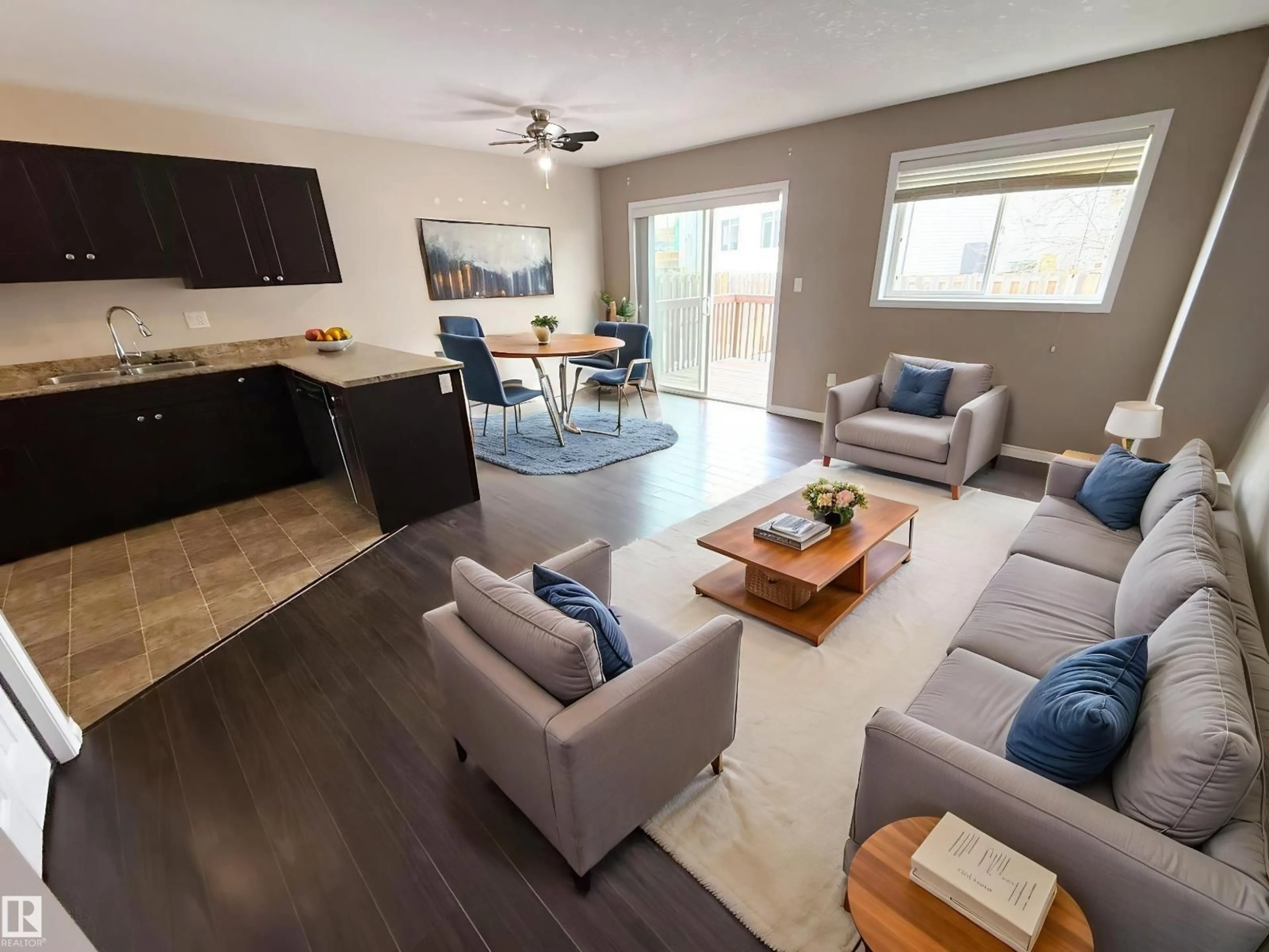 Living room with furniture, wood/laminate floor for 87 HANEY LD, Spruce Grove Alberta T7X0B1