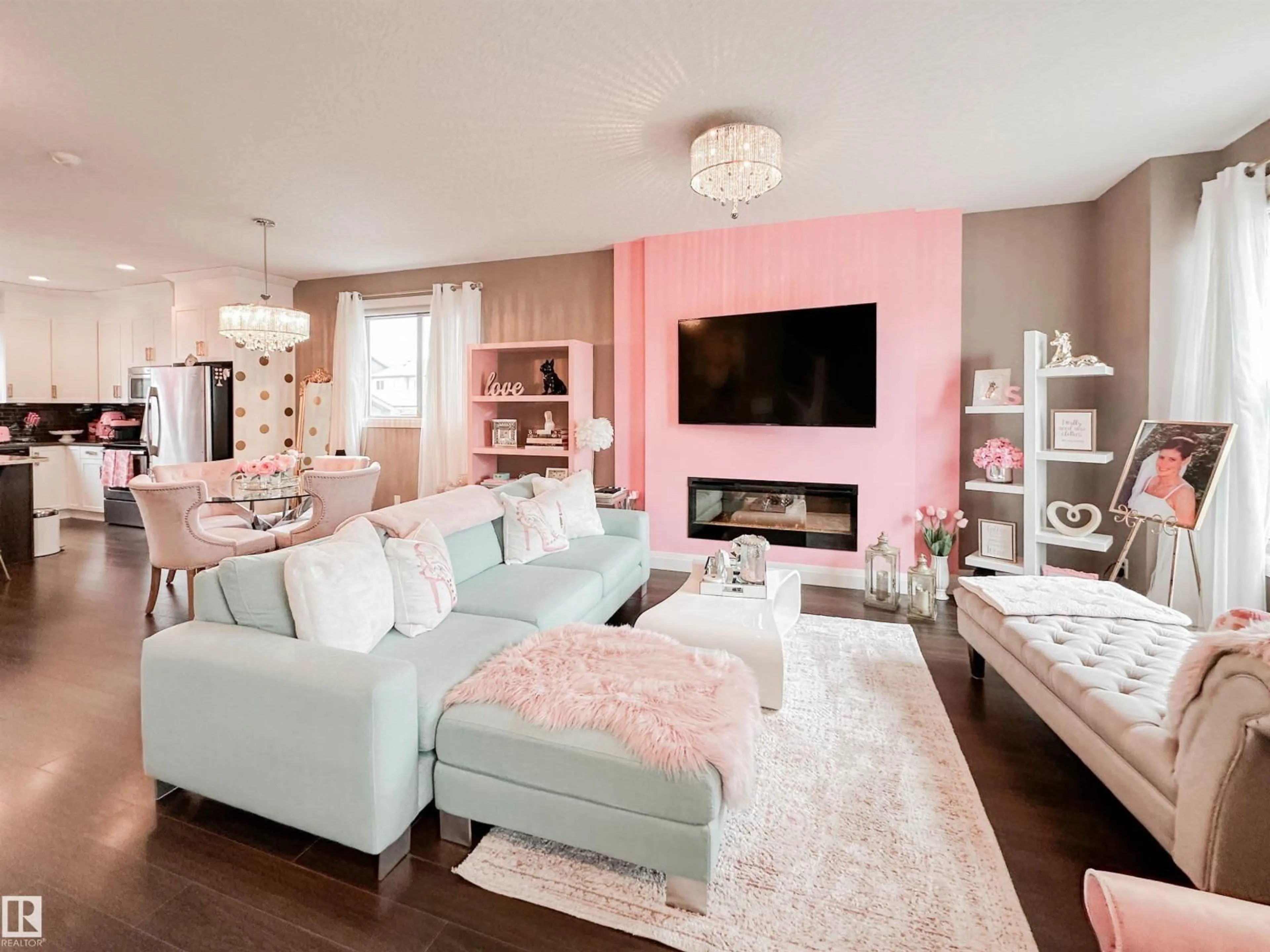 Living room with furniture, wood/laminate floor for 91 GREENBURY BV, Spruce Grove Alberta T7X0M4