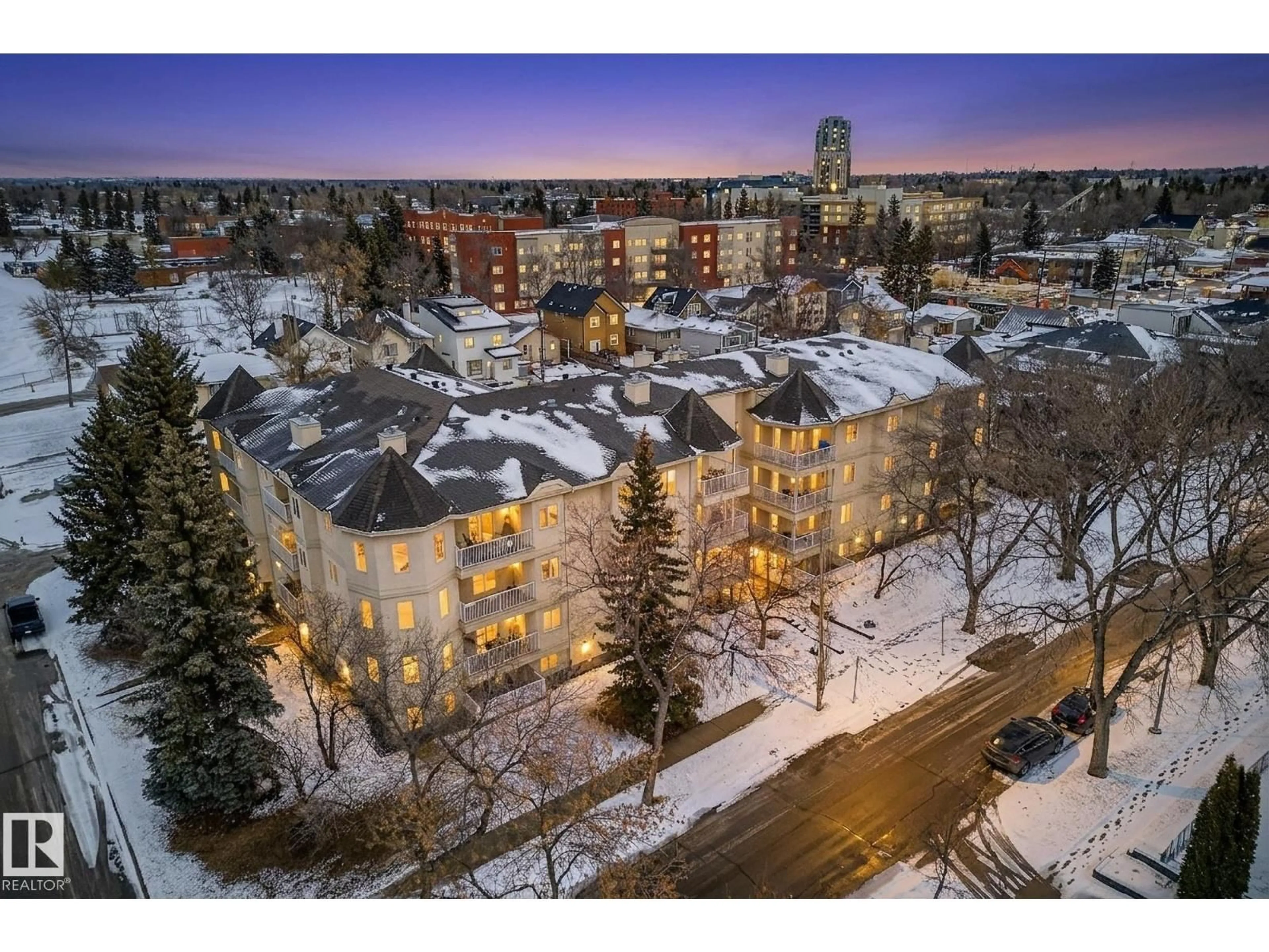 A pic from outside/outdoor area/front of a property/back of a property/a pic from drone, city buildings view from balcony for #301 - 9138 83 AV, Edmonton Alberta T6C1B7