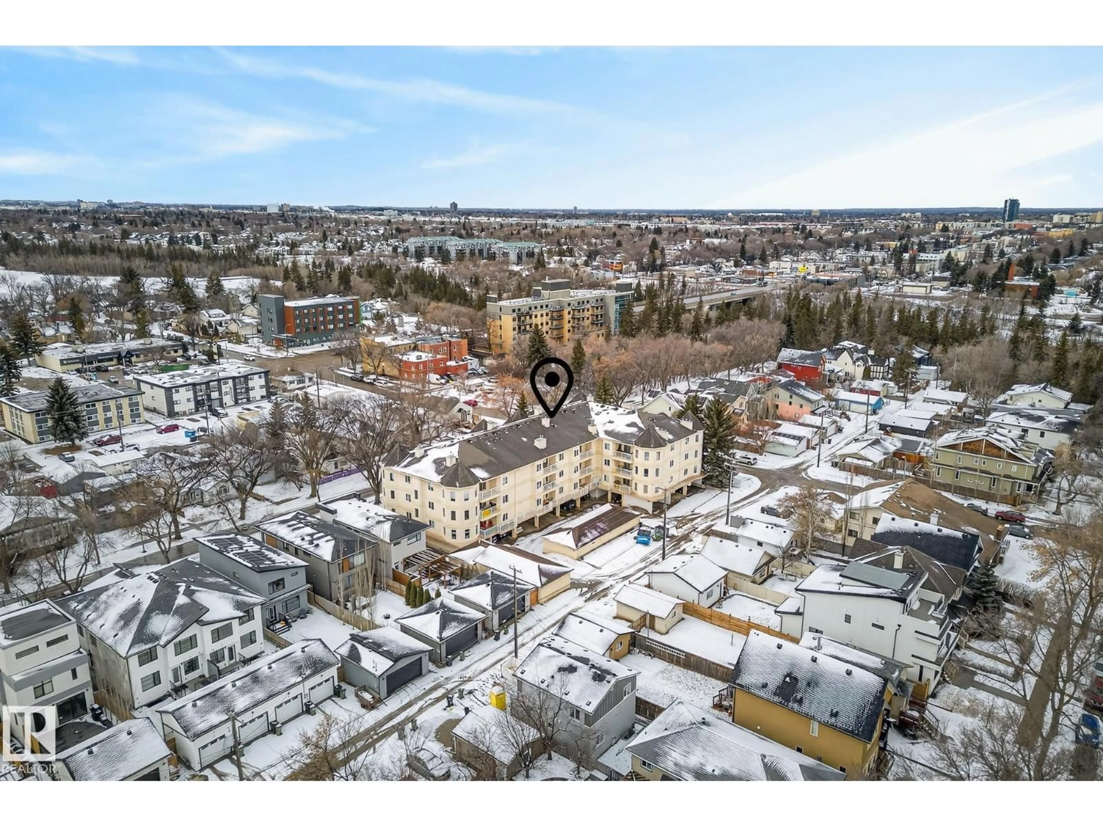 A pic from outside/outdoor area/front of a property/back of a property/a pic from drone, city buildings view from balcony for #301 - 9138 83 AV, Edmonton Alberta T6C1B7