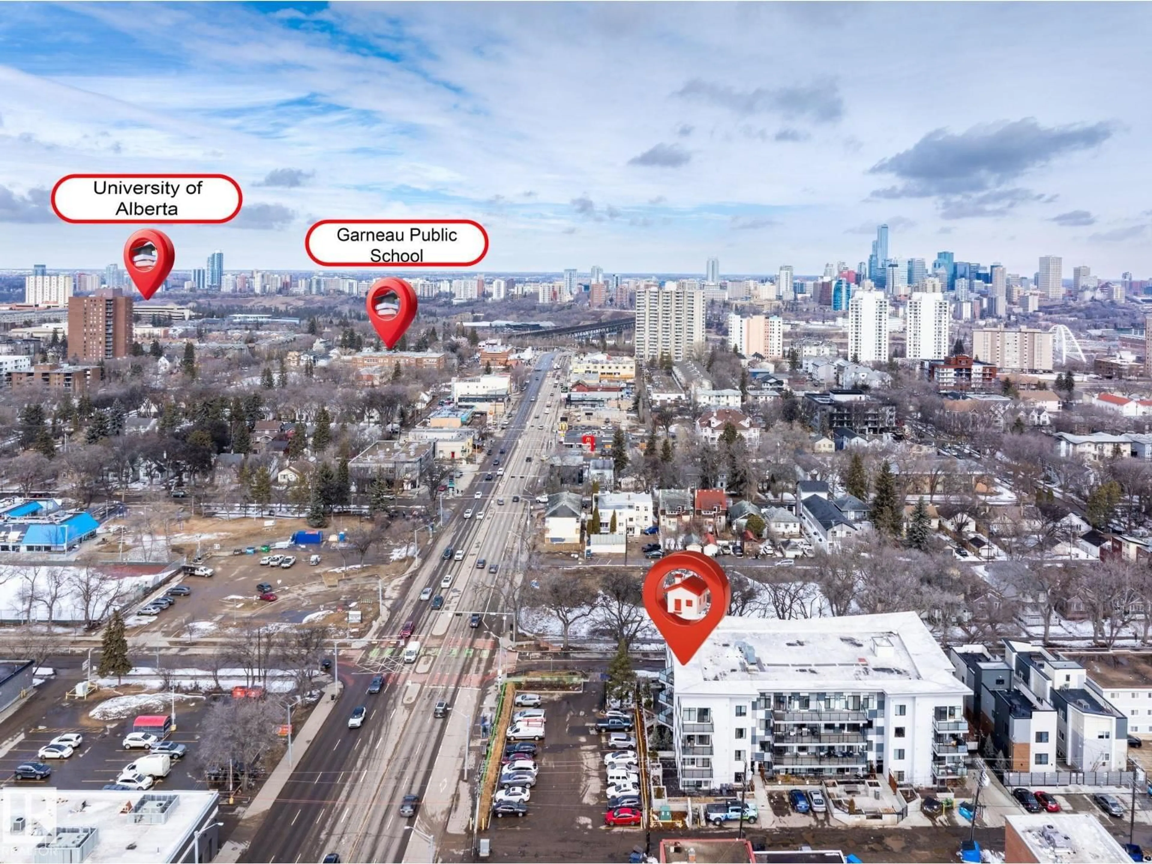 A pic from outside/outdoor area/front of a property/back of a property/a pic from drone, city buildings view from balcony for #307 - 10837 83 AV, Edmonton Alberta T6E2E6