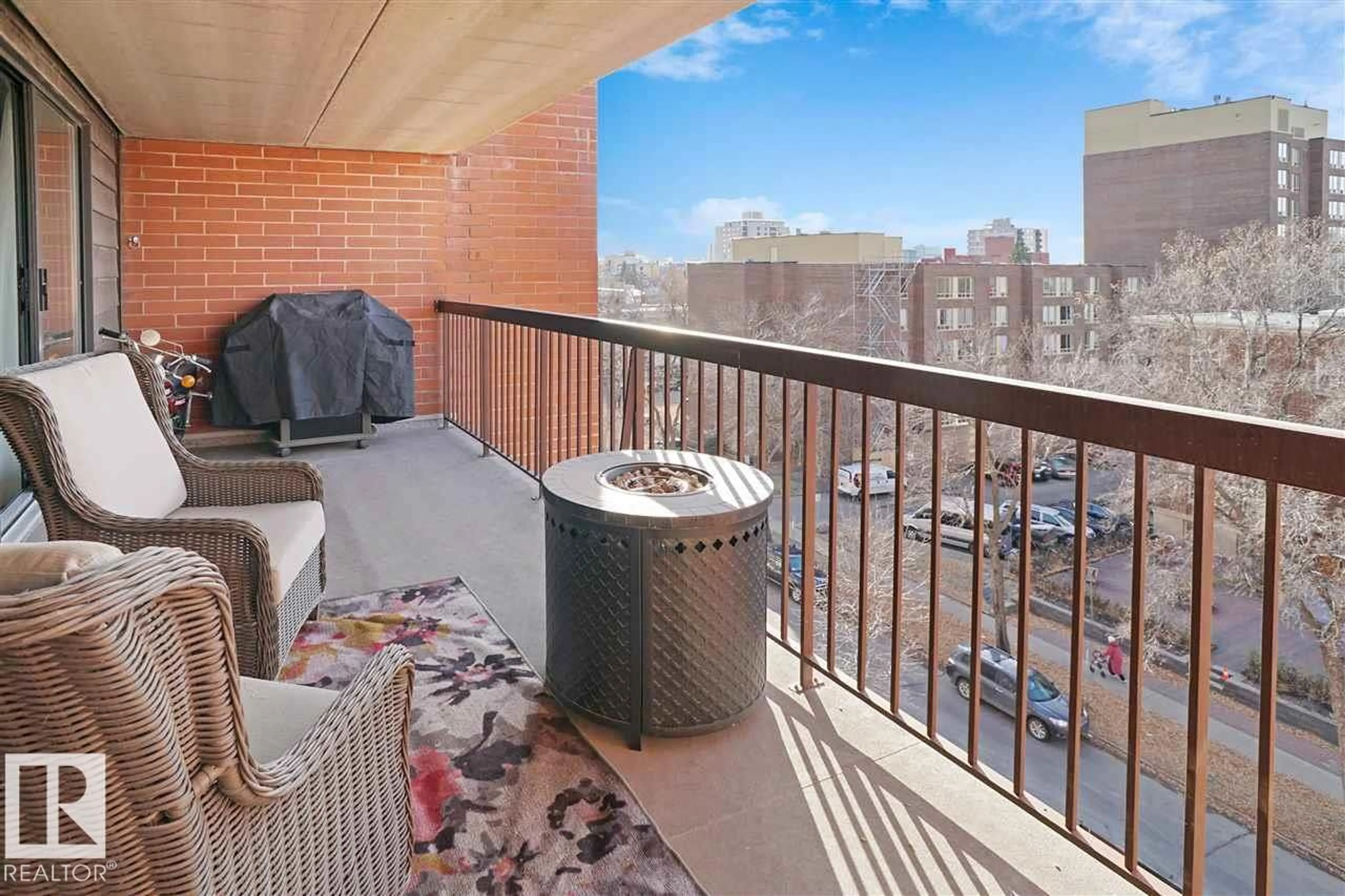 Balcony in the apartment, city buildings view from balcony for #604 - 9917 110 ST, Edmonton Alberta T5K2N4