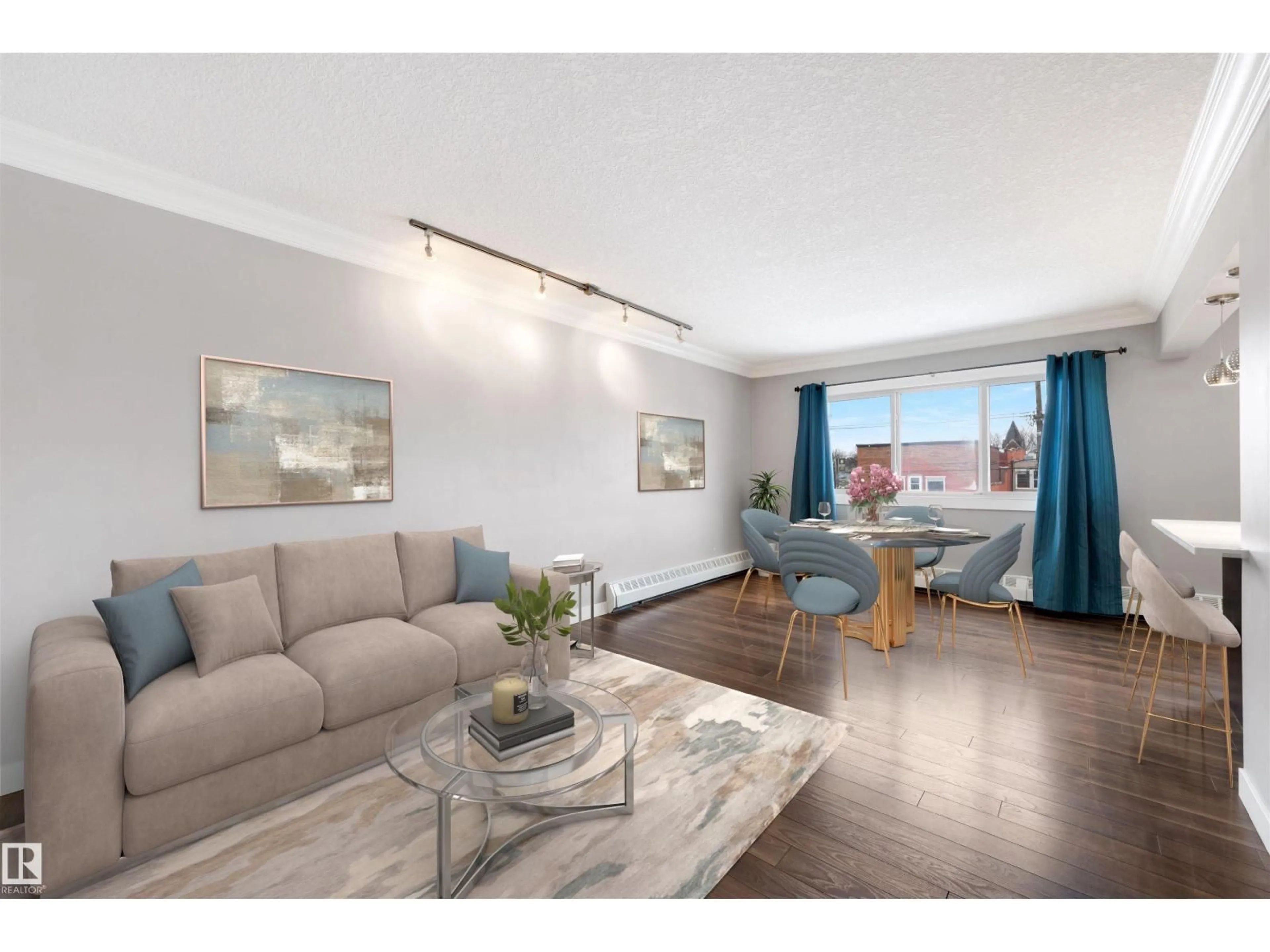Living room with furniture, wood/laminate floor for #32 - 10015 83 AV, Edmonton Alberta T6E2C3