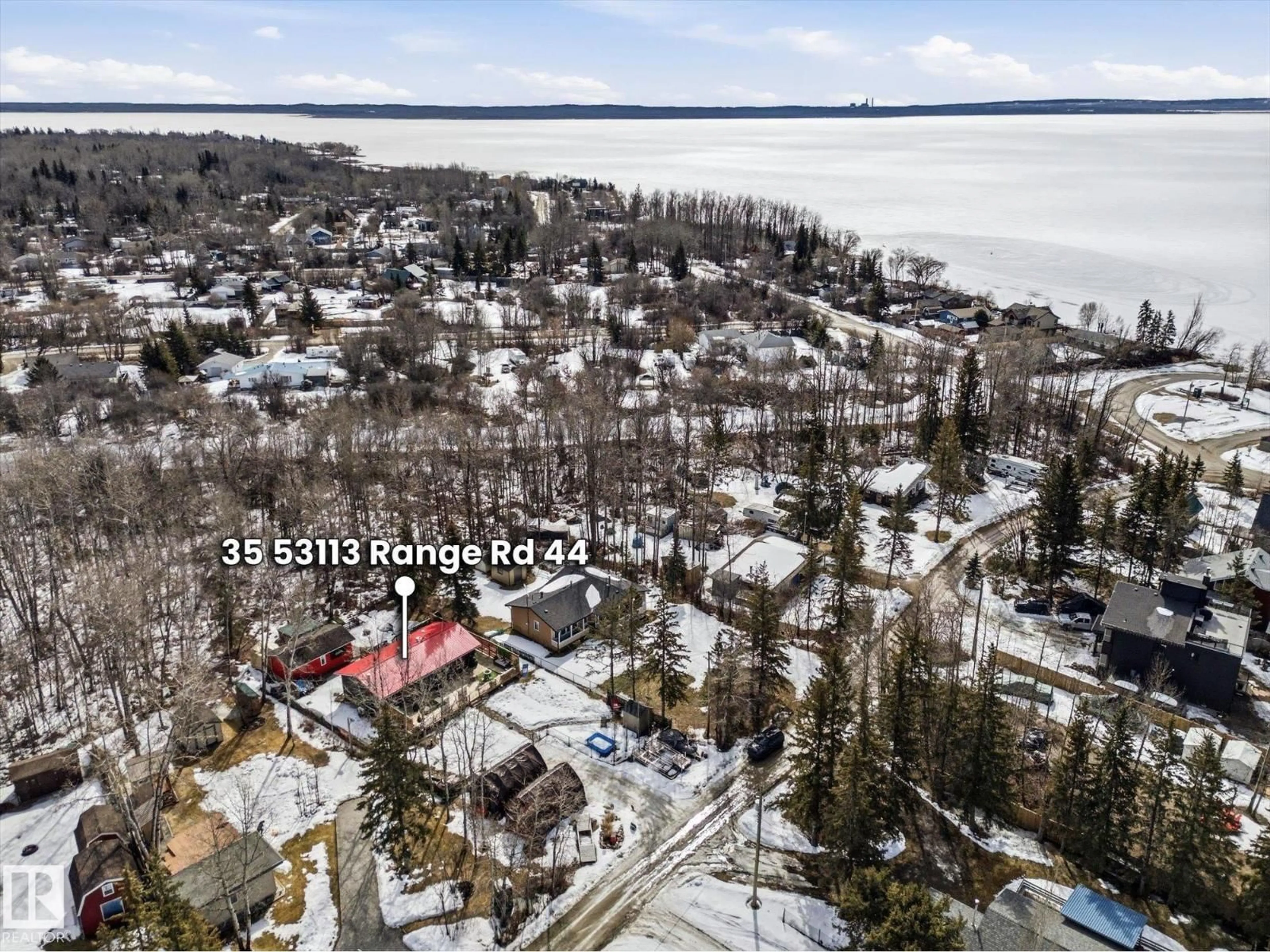 A pic from outside/outdoor area/front of a property/back of a property/a pic from drone, water/lake/river/ocean view for #34 - 53113 RGE ROAD 44, Rural Parkland County Alberta T0E2K0